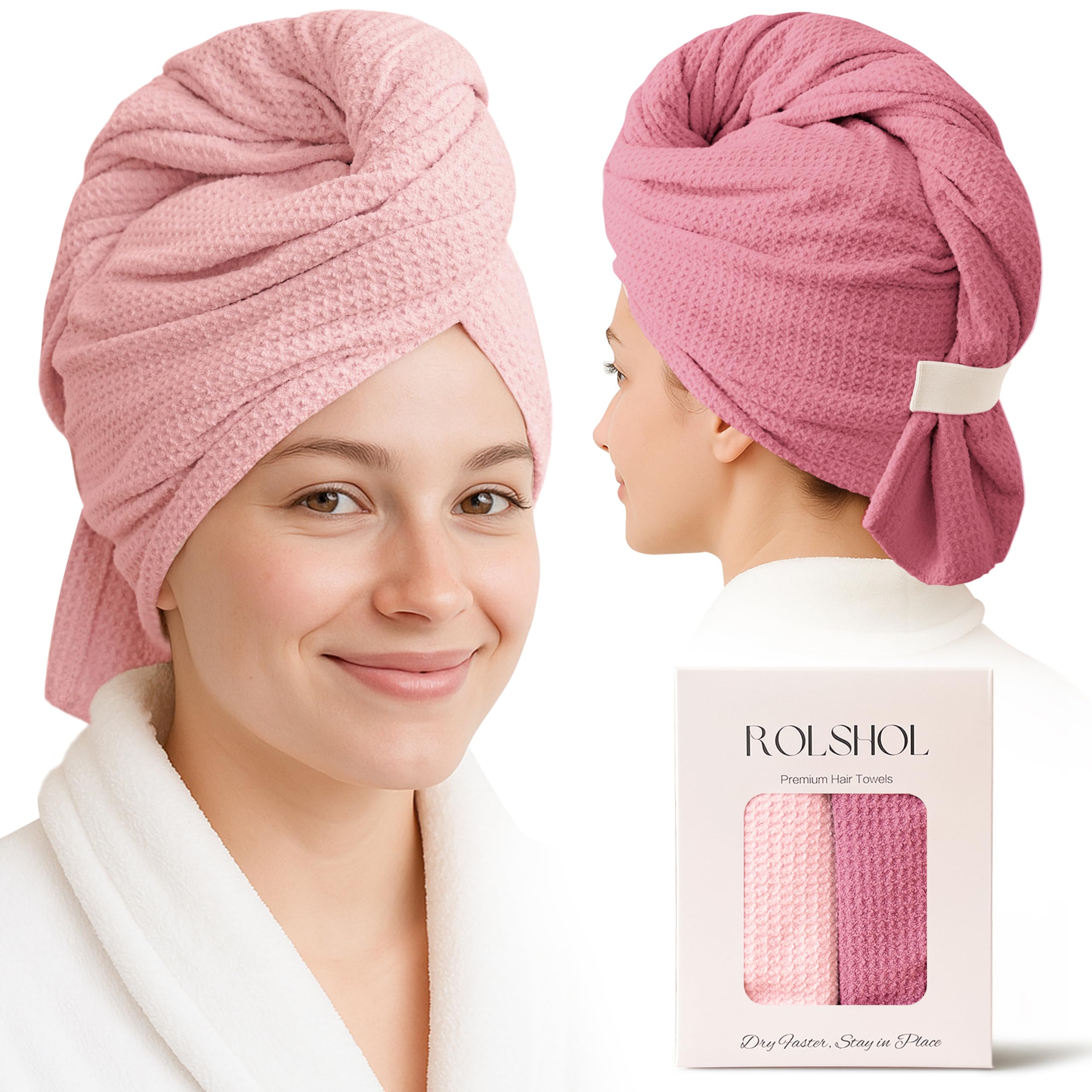 ROLSHOL 2 Pack Waffle Microfiber Hair Towel Wraps for Women, 32 x 11 in