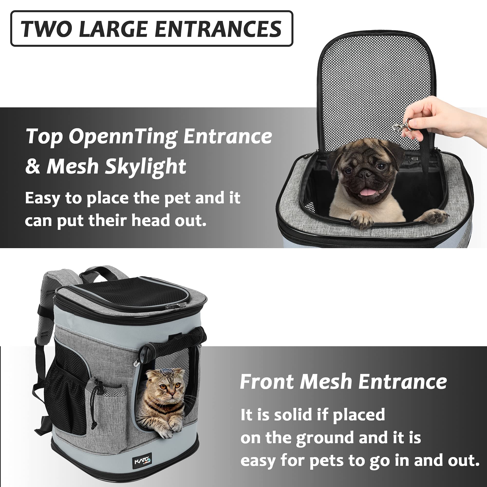 Katzenrucksack Hunderucksack bis 6.8KG, Faltbare Haustier Tragetasche mit Innerer Sicherheitsleine und Matte für Katzen und Hunde, Grau