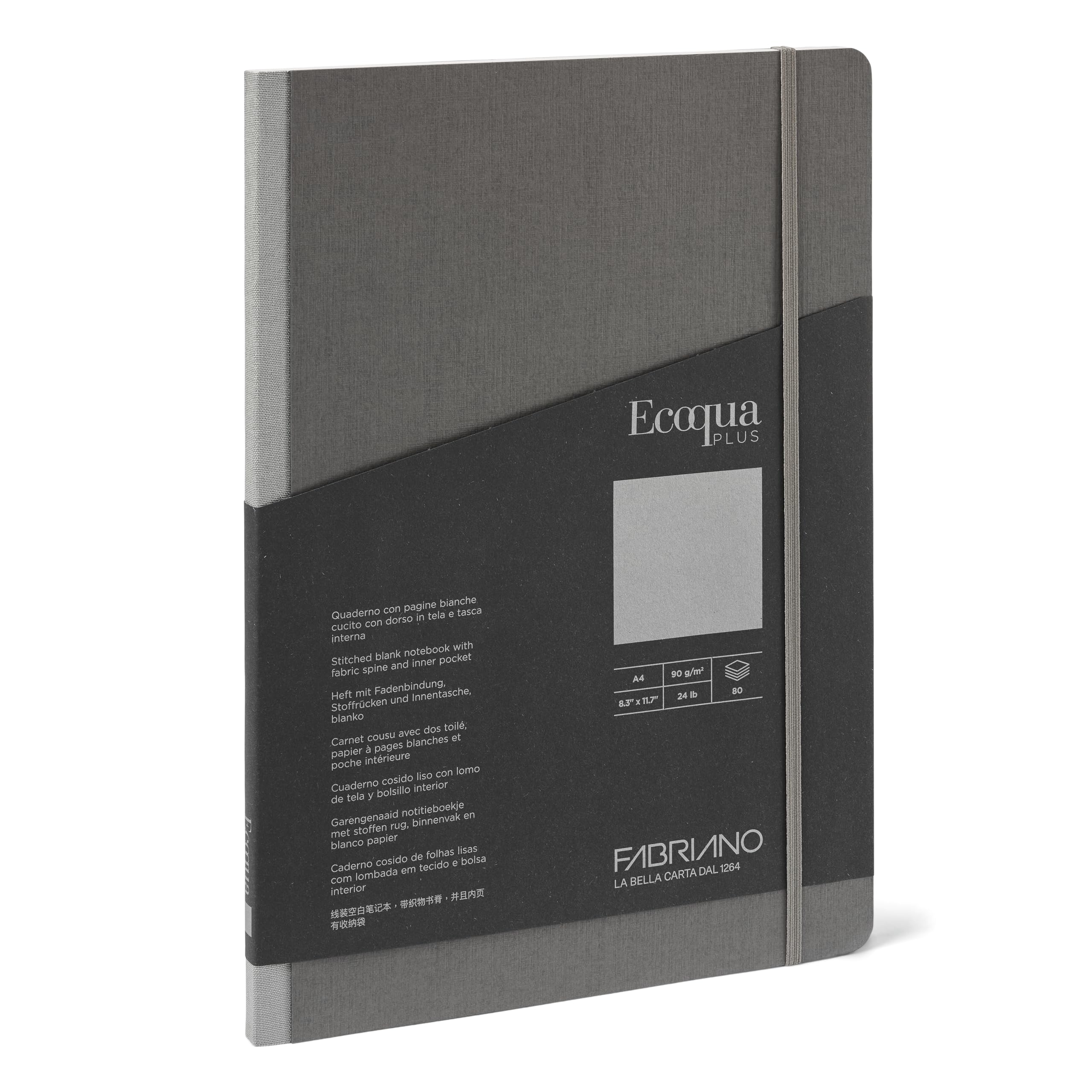Fabriano Ecoqua Plus - Quaderno rilegato in tessuto, 21,1 x 29,7 cm, bianco, grigio, 80 fogli, certificato FSC, senza acidi, senza cloro, 90 g/m², carta bianca Bioprima