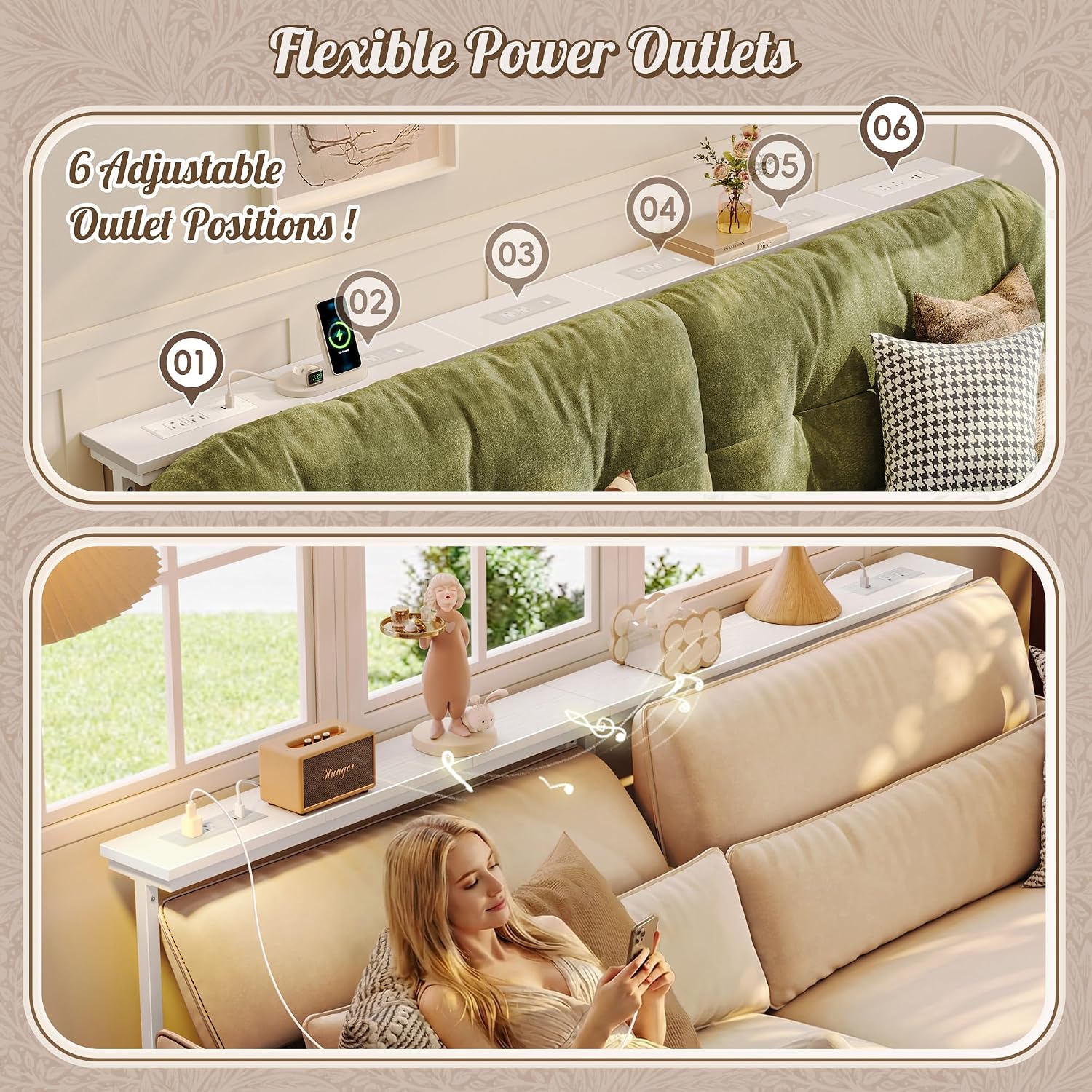Image showing flexible positioning of power outlets along the sofa table