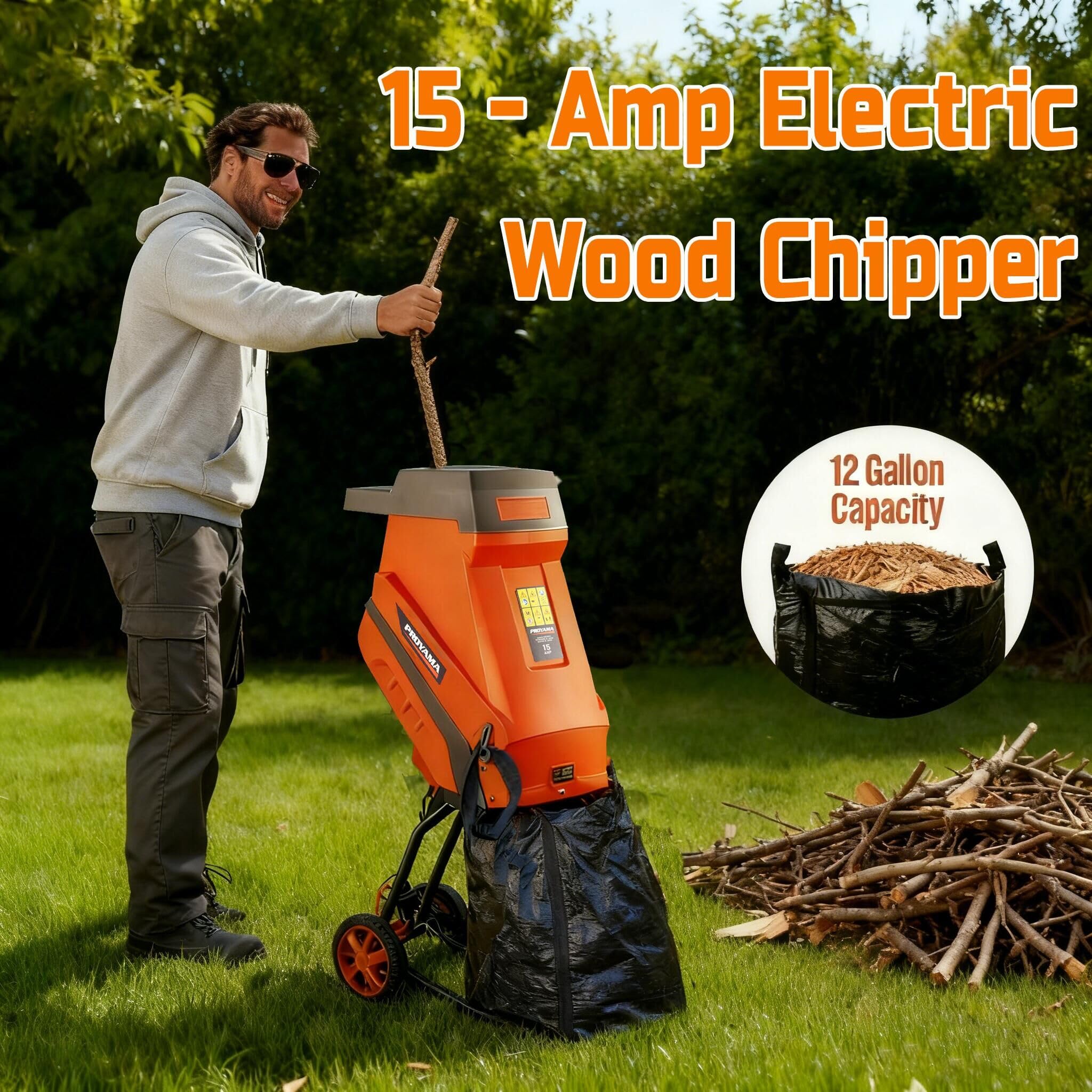 PROYAMA 15 - Amp Electric Wood Chipper, Corded Shredder with Collection Bag and Push Stick, Double Sided Blade System, Auto Shut - Off, 1.7 Inch Cutting Capacity for Leaves, Grass, Clippings - Detailed View