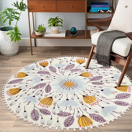 Miniatura 6 de Uphome Alfombra redonda para dormitorio de 53 pies con pompones flecos flores lavables antideslizantes suaves para entrada lavandería sala de estar
