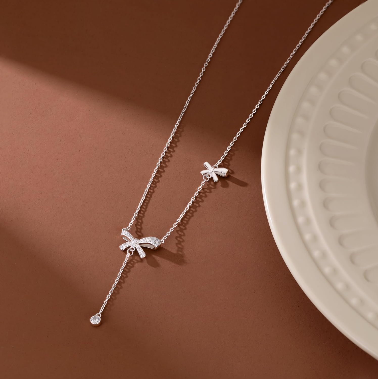 SLUYNZ 925 Sterling Silver Bow Y Necklace for Women Teens Cubic Zirconia Bow Y Necklace Pendant Bow Chain Necklace - Image 3