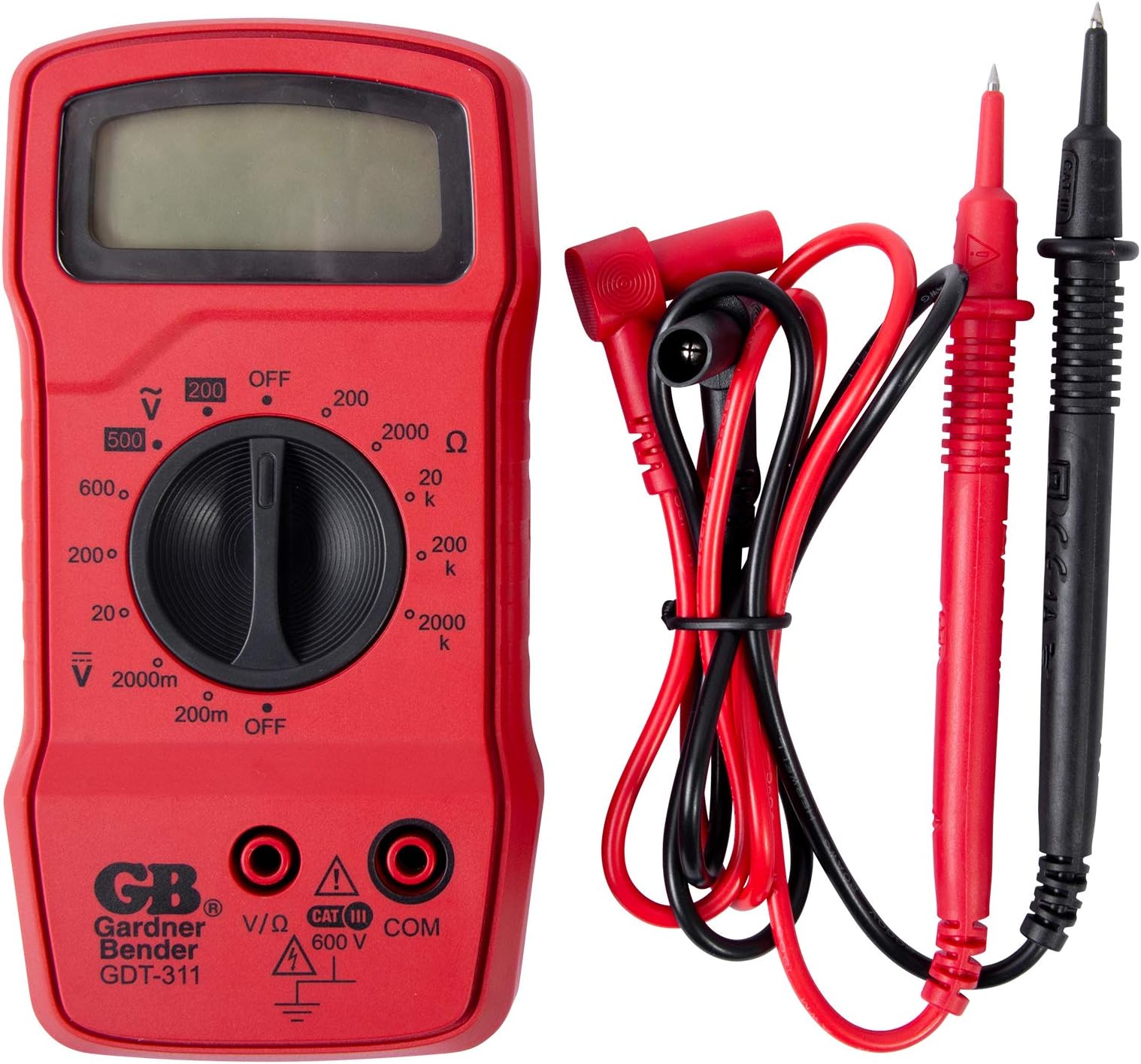 GDT-311 Digital Multimeter, 3 Function, 11 Range, Tests AC/DC Voltage and Resistance, Manual Ranging, 3.5 inch Display, 1/Each , Red