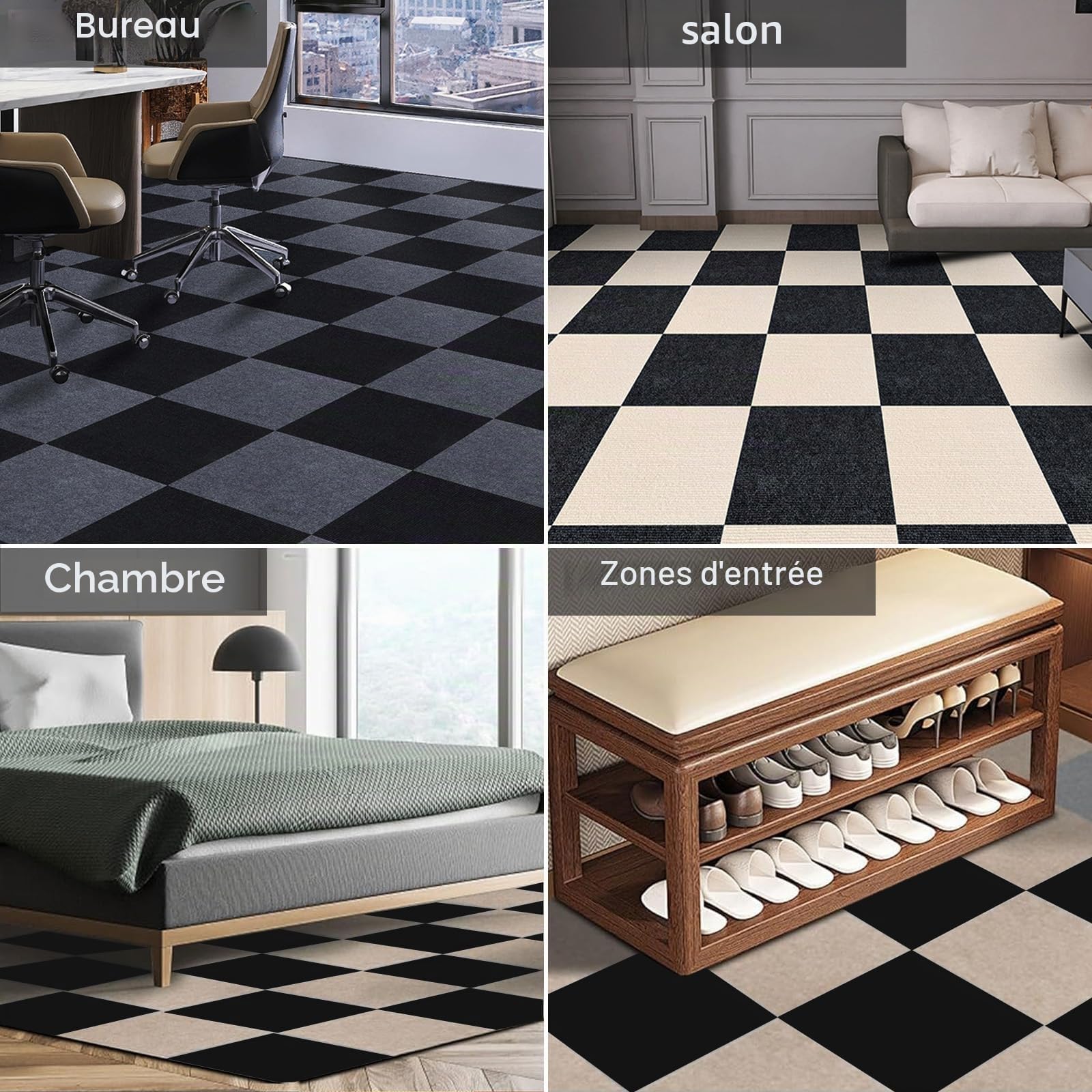Carreaux de tapis, auto-adhésifs, 50 x 50 cm, lot de 10 pièces, 2,5 m², auto-adhésifs, pour moquette, résistant, pour maison, bureau, commercial, noir