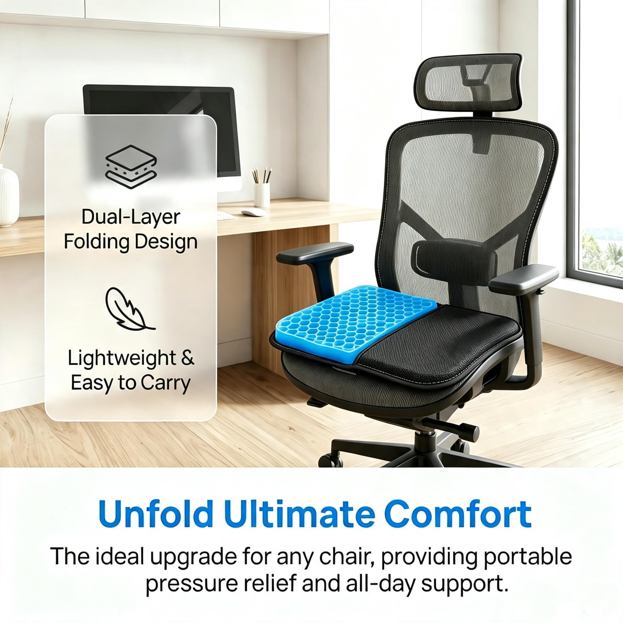 Coussin Gel pour Siège (39x27x2.7cm), Anti-Escarres Fessier Ergonomique et Confortable pour Fauteuil Roulant, Chaise de Bureau et Voiture, avec Housse