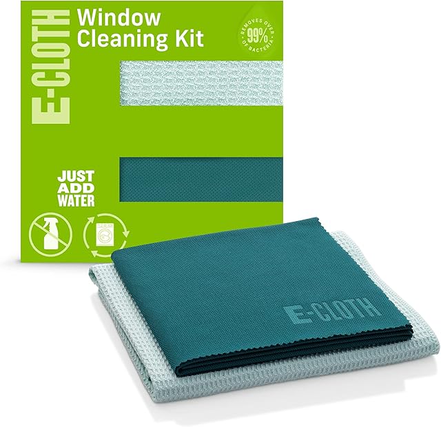 E-Cloth Glass Cleaner, Window Cleaning Kit, Microfibre Cleaning Cloth, Best for Cleaning Indoor and Outdoor Glass Windows and Doors, Car Windshields, Washable and Reusable, 100 Wash Promise, Green