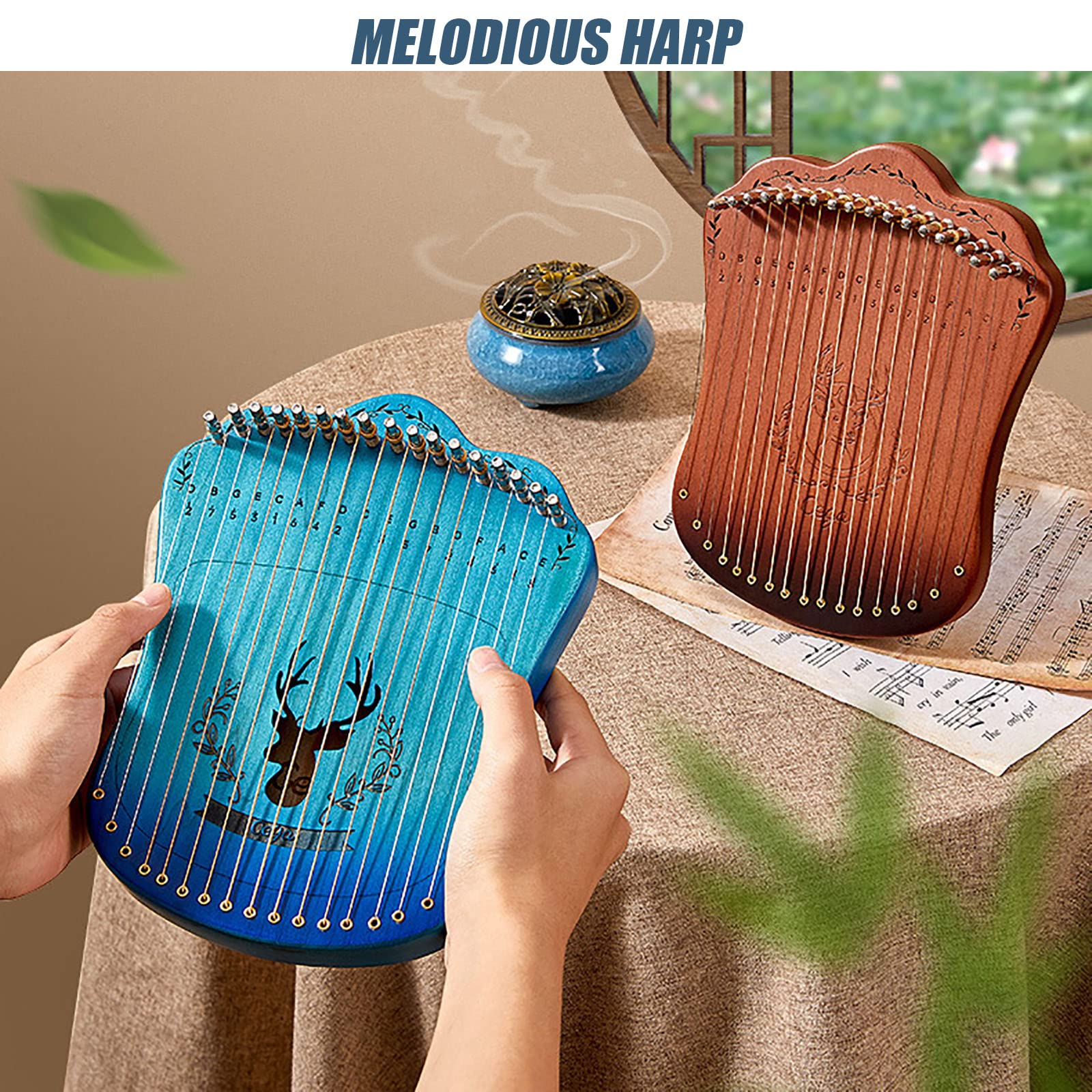 Metall Mahagoni Leier Harfe, Lyre Instrument Tragbare Harfe Instrument Mahagoni mit Stimmschlüssel und Tragetasche, Lyre Harfe für Kinder/Anfänger/Erwachsene Speakers Blue