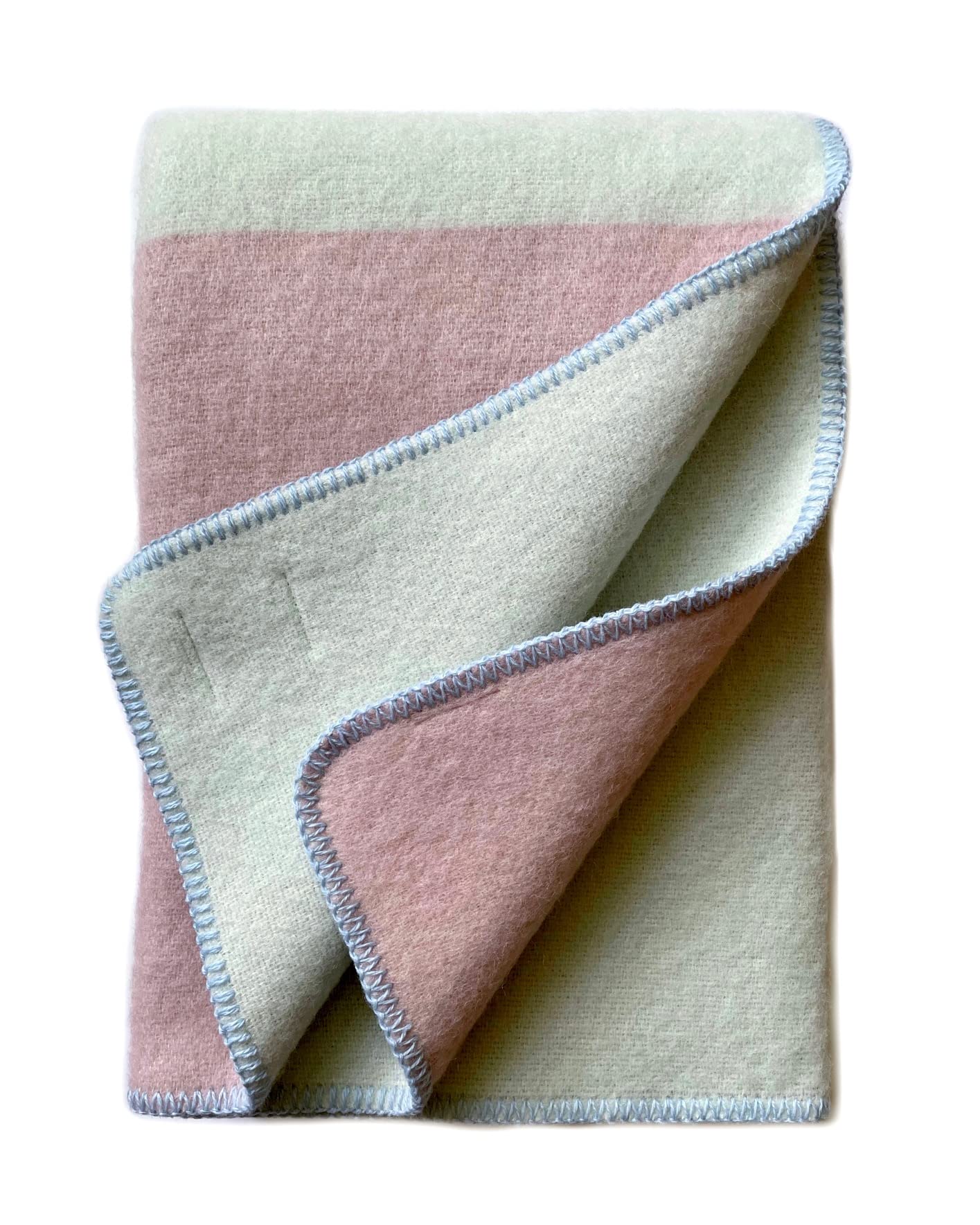 JOWOLLINA Wendedecke Plaid aus norwegischer Wolle 140 x 205cm Tricolor Square (Mint-rosa)