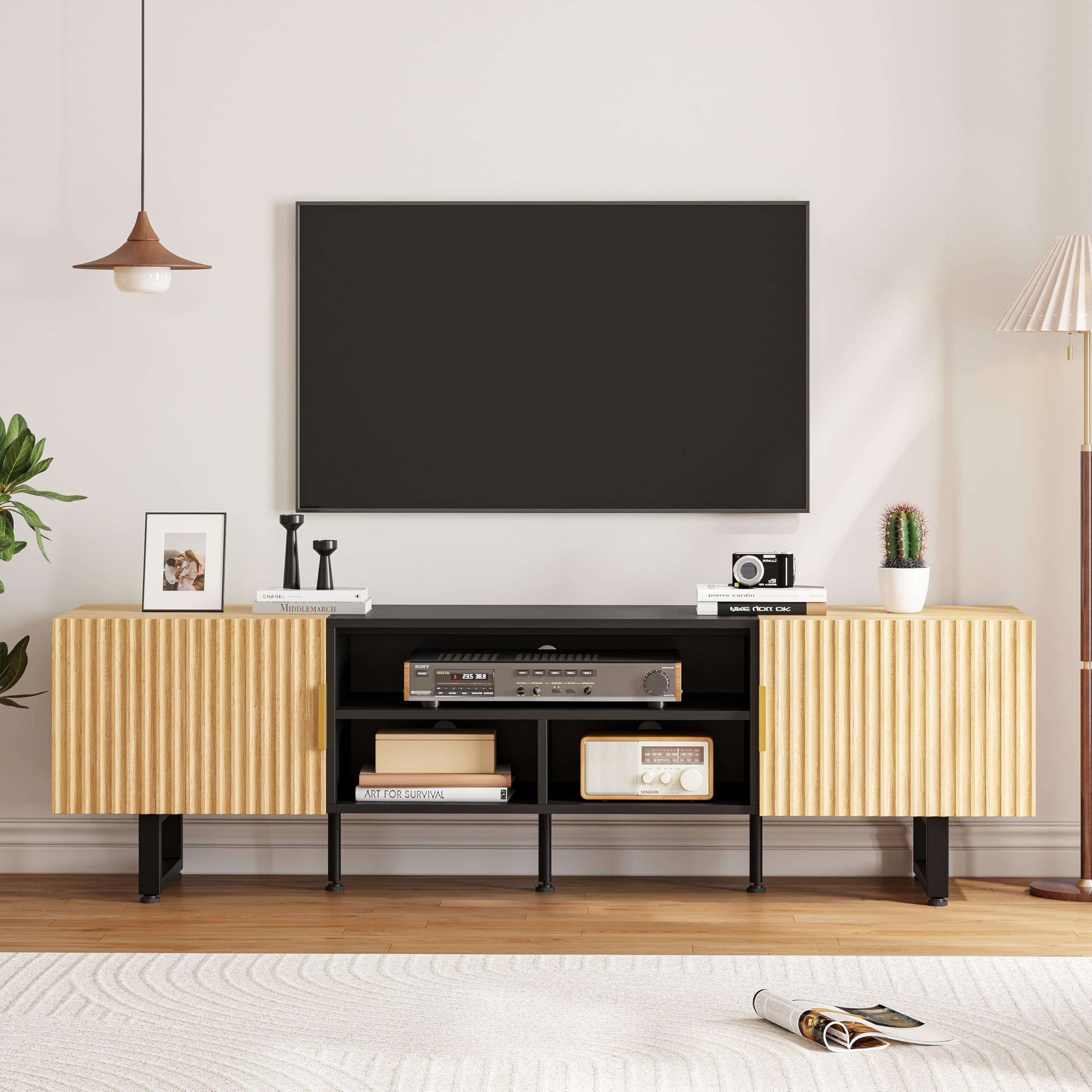 IRONCK TV Schrank 180cm Lowboard für Fernseher bis zu 65/75/80 Zoll, Fernsehtisch mit 2 Türen 3 offenen Fächern, Fernsehschrank Holz, Modern TV Board für Wohnzimmer, Schlafzimmer (Walnussholz)