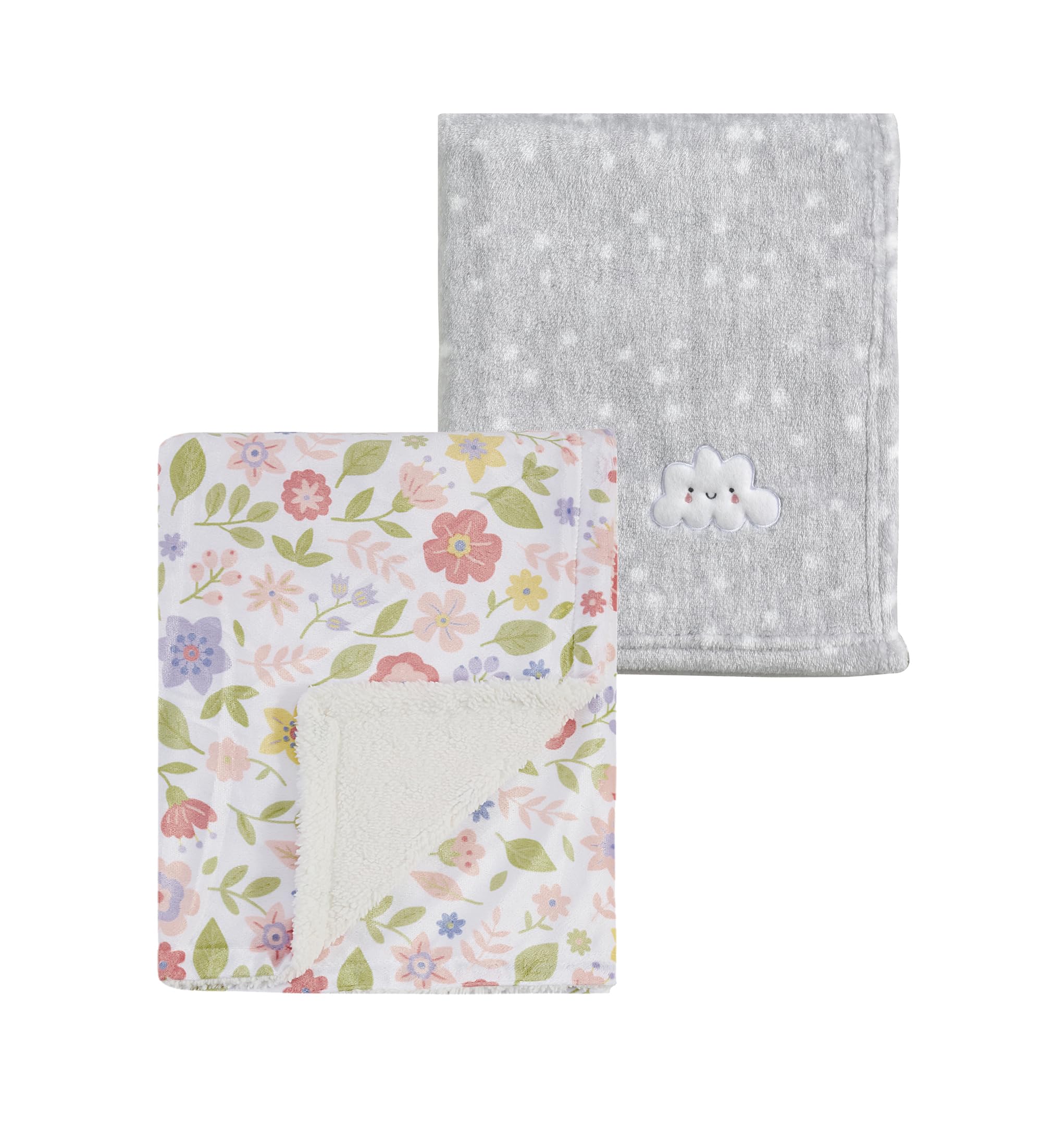 CREVENT 2Pcs 75cmX100cm Cute Cozy Fluffy Warm Baby Blankets for Infants Toddlers' Bedding Crib Cot Stroller - Grey Cloud + Mink Daisy