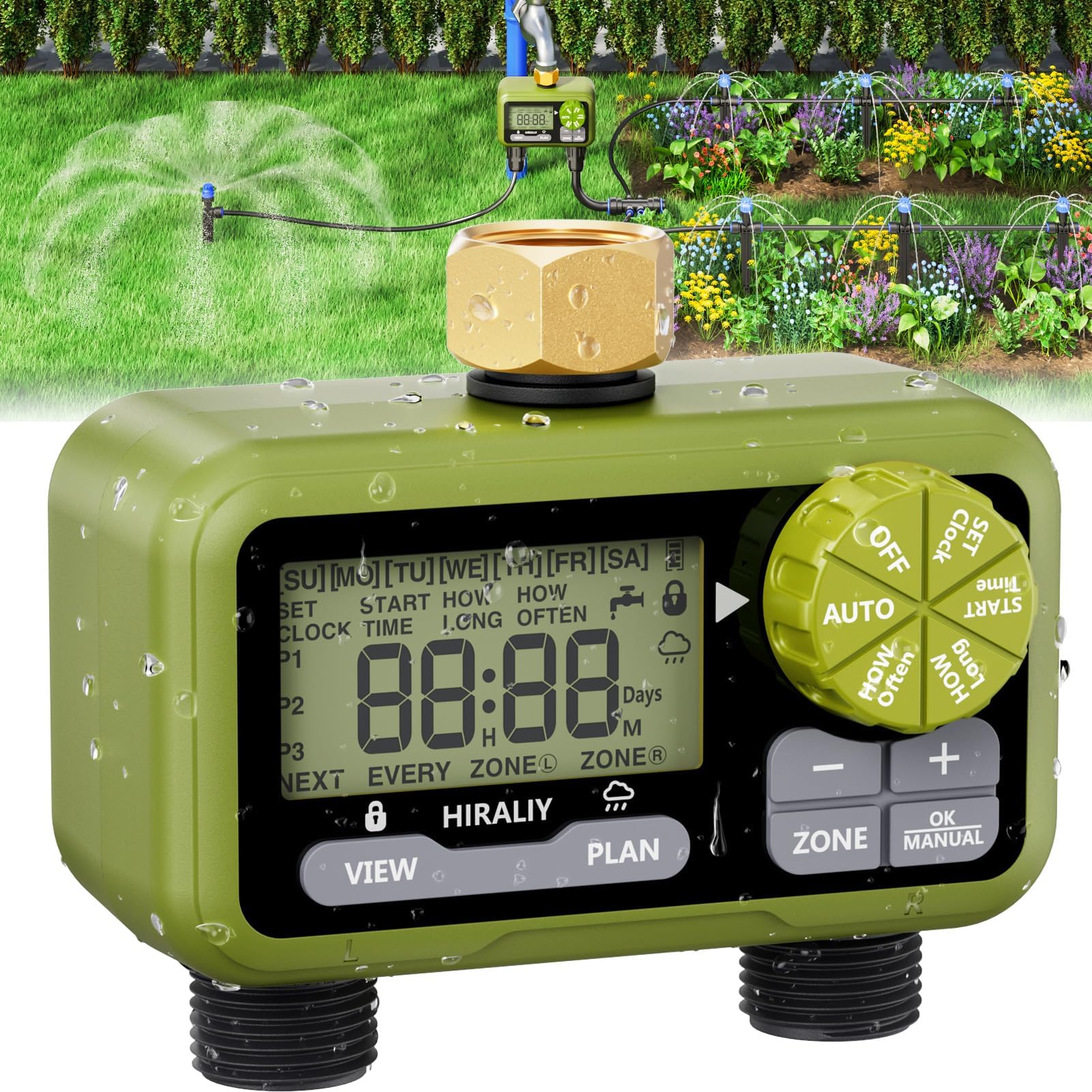 HIRALIY Sprinkler Timer, Water Timer for Garden Hose 2 Zone, Programmable for Watering Lawn Sprinkler Automatic Irrigation System with Brass Swivel, IP65 Waterproof