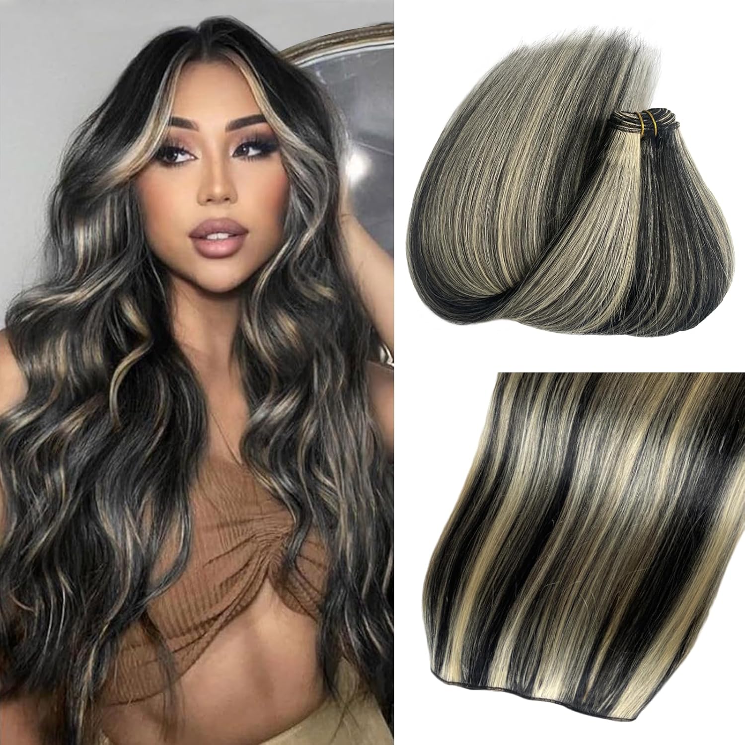 Weft Hair Extensions Human Hair for Women, 18 Inch 100g Straight Remy Platinum Silver Sew in Hair Extensions, Double Weft Full Head Weave Bundles Can Be Dyed