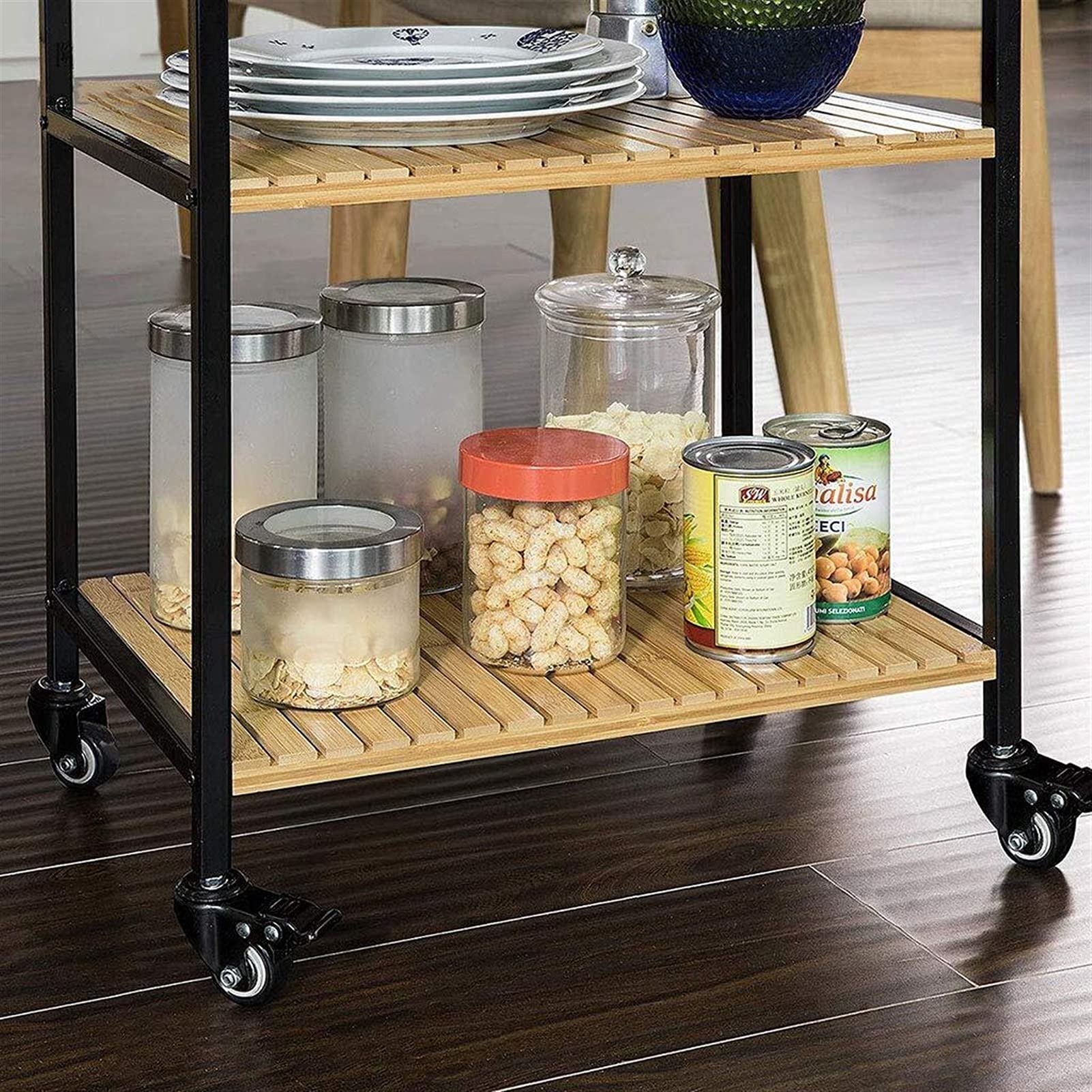 Carrello di Servizio a 2 Livelli in Ferro battuto Casa Ristorante Hotel Ruota dell'Acqua del Vino Condimento Portapiatti per Frutta Carrello portaoggetti Multifunzionale (Nero, 78