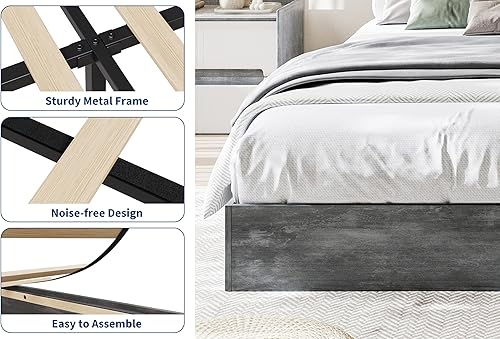 Miniatura 4 de GarveeHome Marco de cama de plataforma de madera de tamaño matrimonial, marco de cama de madera sin cabecero, soporte de listones de madera, no Gris