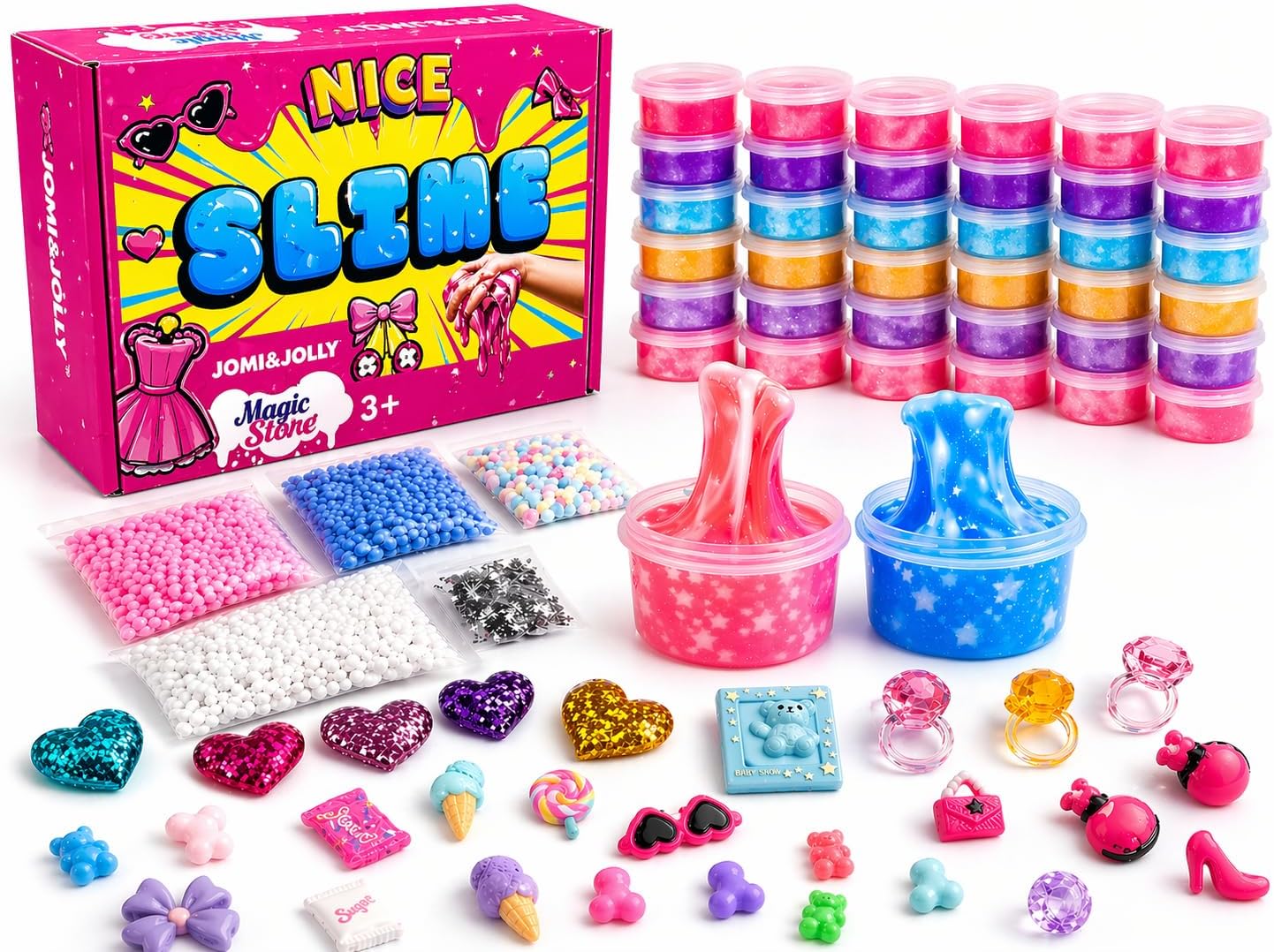 36 Pack Slime Party Favors for Kids, Bulk Non-Toxic Super Stretchy DIY Clear Slime for Girls, No Mess Gifts for Classroom Prize, Birthday, Valentines with Foam Beads, Charms & Accessories