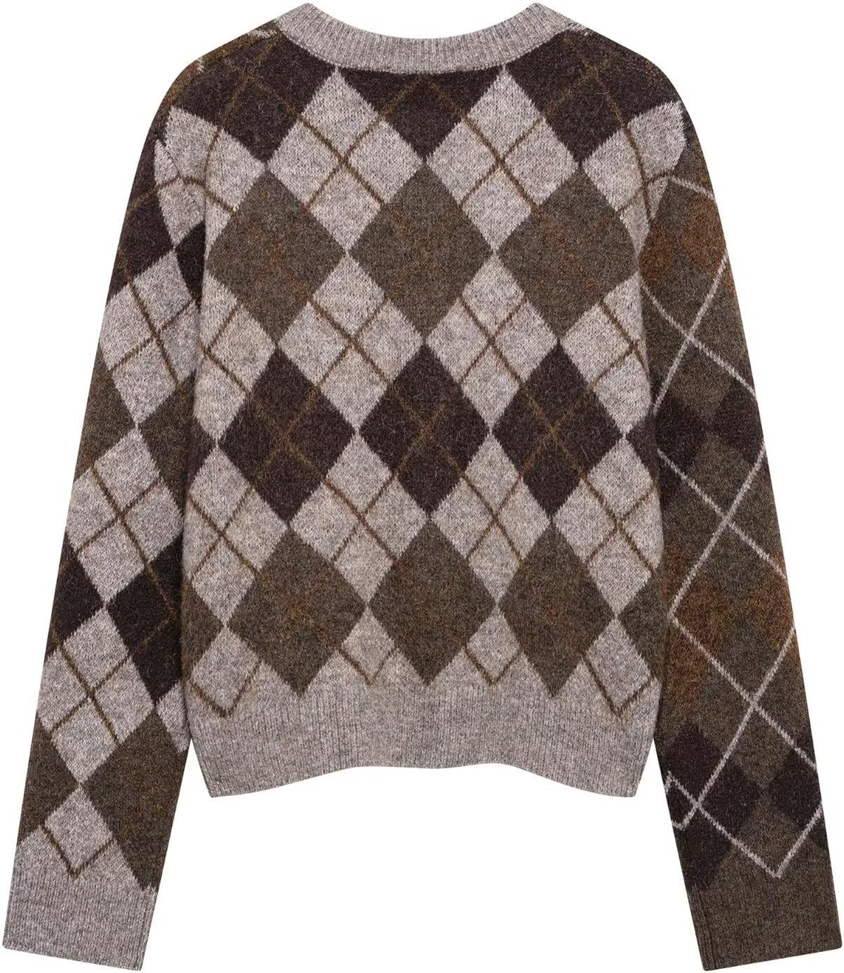 Womens Argyle Preppy Cardigan Sweater Casual Long Sleeve Button Down Color Block Knit Cardigan Spring Fall Knitwears - Image 2