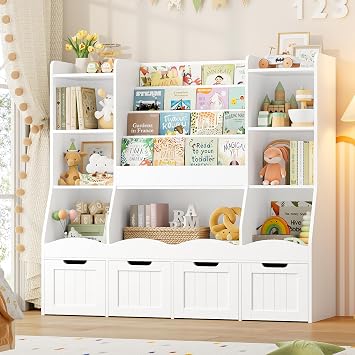 FINETONES Toy Storage Organizer with 4 Drawers, Kids Bookshelf for Home | 48.2" Large Toy Storage Organizer with 7 Storage Cubbies, Book Shelf for Kids Room Playroom Storage for Living Room, White