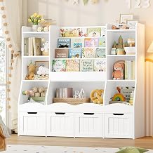 FINETONES Toy Organizers and Storage, 48.2" Large Kids Bookshelf with 4 Movable Drawers and 7 Storage Cubbies, Book Shelf for Kids Room Playroom Storage for Living Room, White