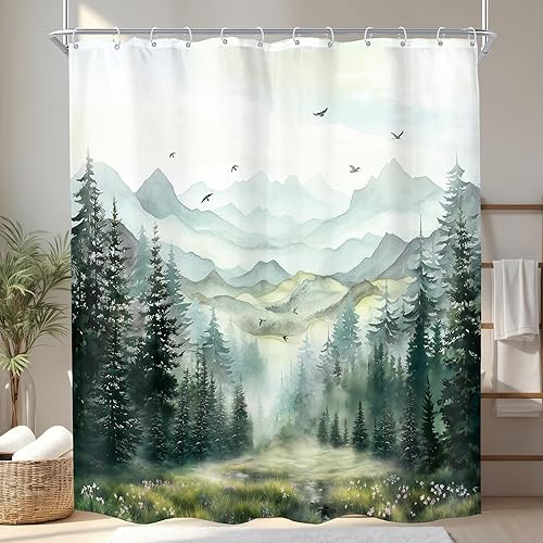Miniatura 8 de KOMLLEX Cortina de ducha rústica de montaña verde para baño, 72 pulgadas de ancho x 72 pulgadas de alto, paisaje de bosque brumoso, pinos, juego