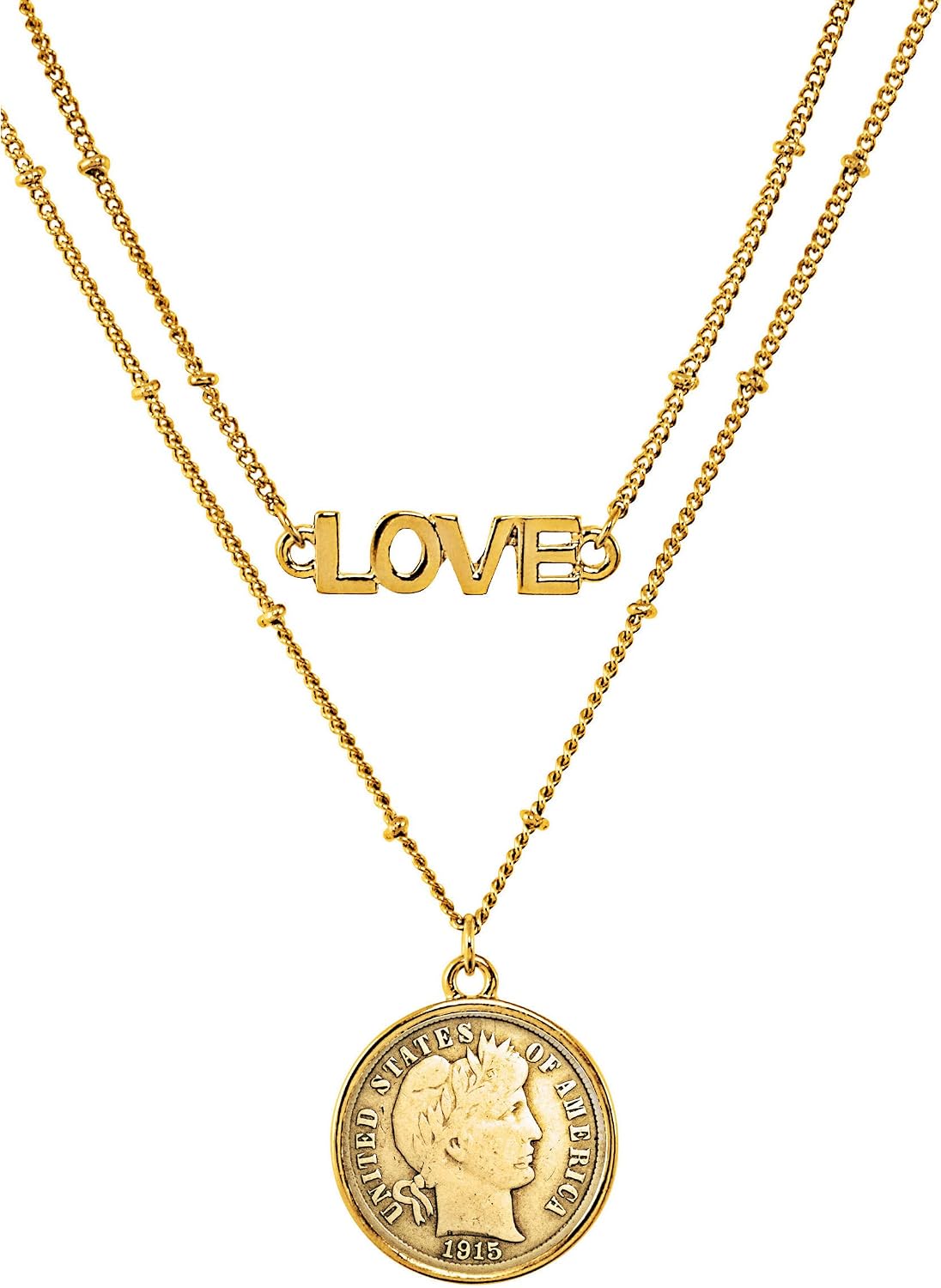American Coin Treasures Coin Necklace Pendant Double Strand Love Chain– Genuine Barber Dime Gold-Layered Coin | Goldtone Saturn Style Chain and Lobster Claw Clasp | Certificate of Authenticity