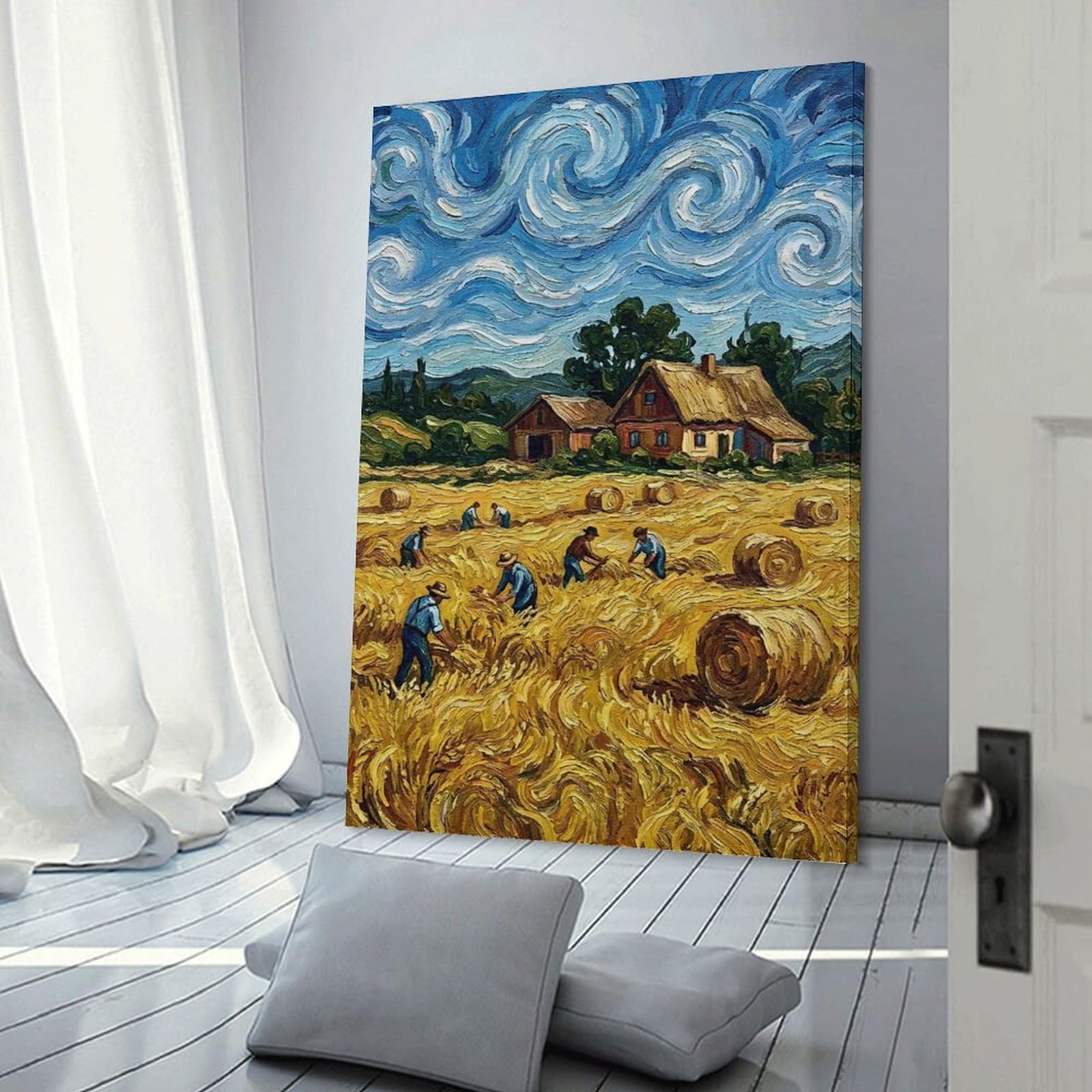 Junmoney Canvas Wall Picture Van Gogh Style Harvest Scene, 20x30inch(50x75cm), for Study, Office Or Focused Interiors, Wall Art That Adds Style to Work Areas