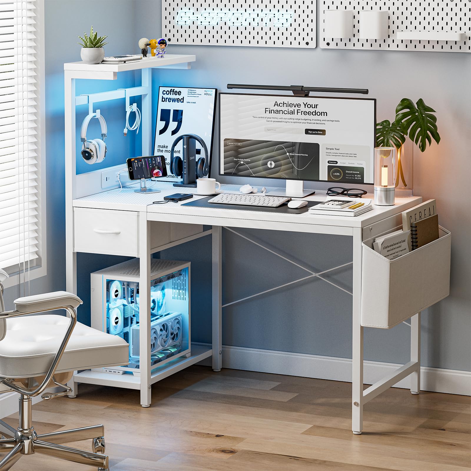 Grandder Escritorio Gaming 120x50 cm con Enchufe LED RGB Estantes Abatibles Cajón Organizador para PC Portátil Hogar/Oficina Incluye Bolso Fibra Carbono Negro