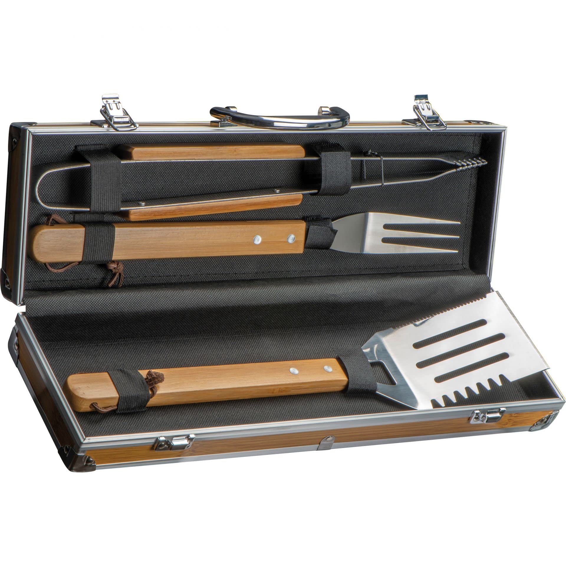 Set di 3 posate per barbecue, in valigetta in metallo effetto bambù, con pinza, forchetta e paletta per barbecue