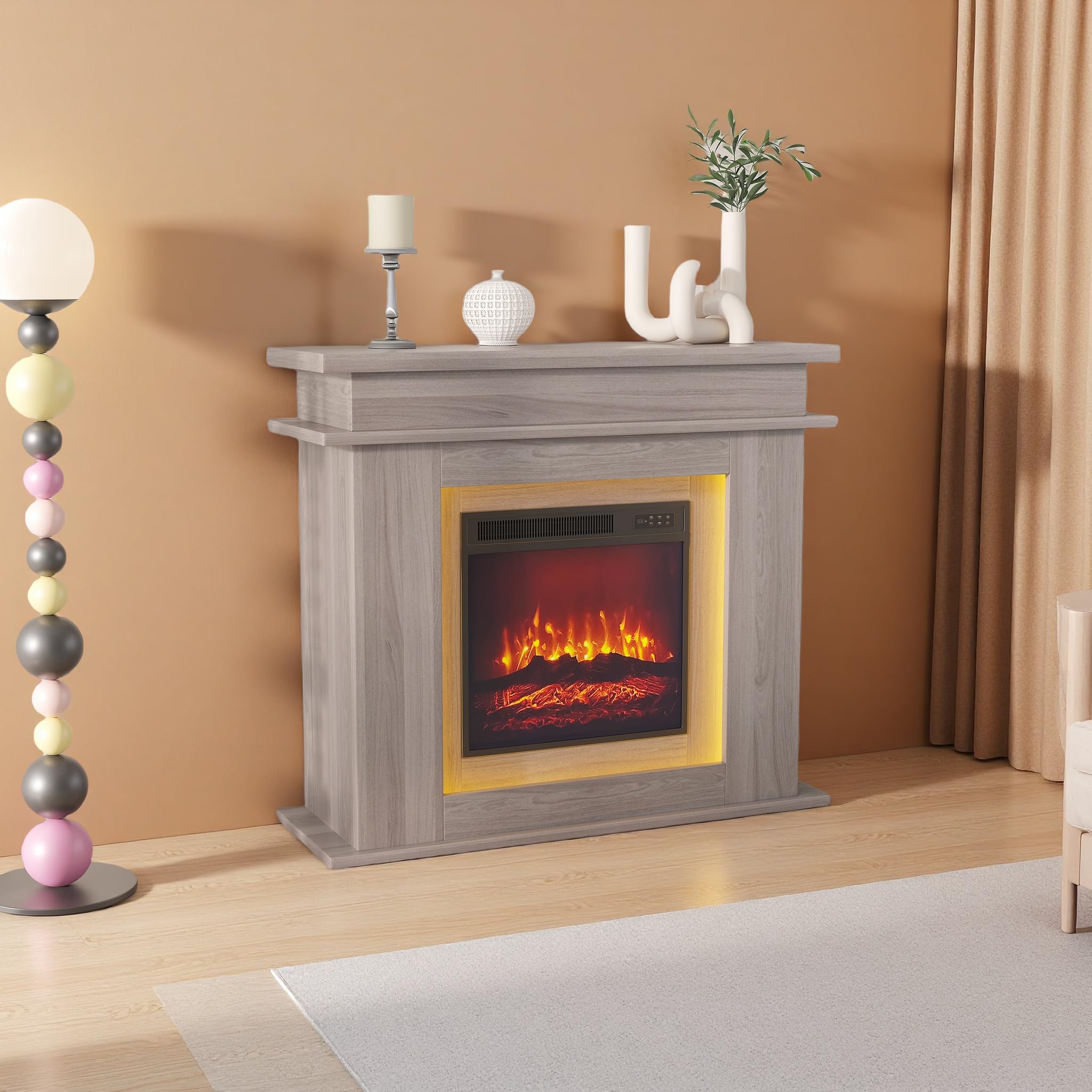 Camino elettrico da 40 cm con effetto LED 3D, effetto fiamma realistico con riscaldamento reagl, timer, striscia LED in 20 colori, telecomando (rovere)