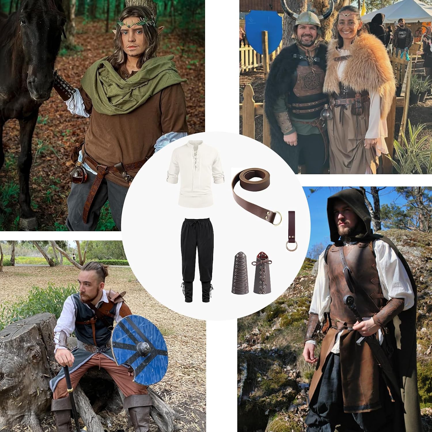 ATTBEA Mens Pirate Renaissance Costume Set Pirate Shirt Sleeve Medieval Viking Gothic Celtic Pirate Vest for Men