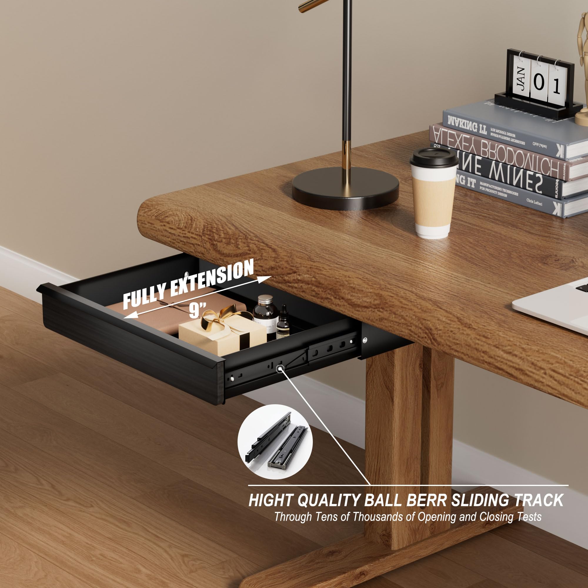 Cassetto sotto la scrivania, pannello in legno massello nero – robuste guide con cuscinetti a sfera, facile montaggio sotto la scrivania, maniglia integrata, organizer da scrivania per ufficio