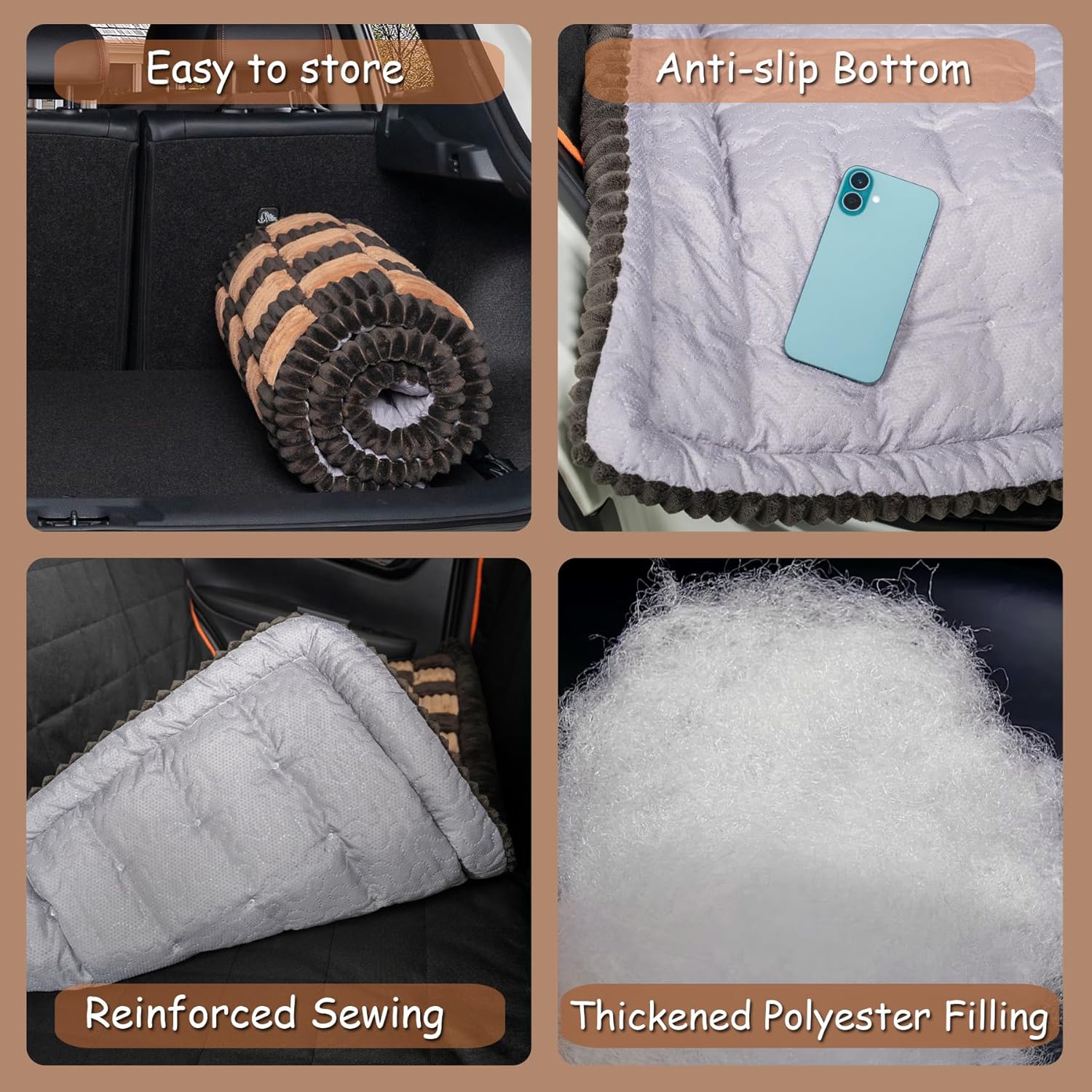 Dog Bed for Car Back Seat, Non-Slip Backseat Dog Car Bed Mat, Soft Furry Travel Pet Mat, Washable Blanket Custom Fit for Backseat Extenders and Hammock Seat Covers(54"×25" Brown)