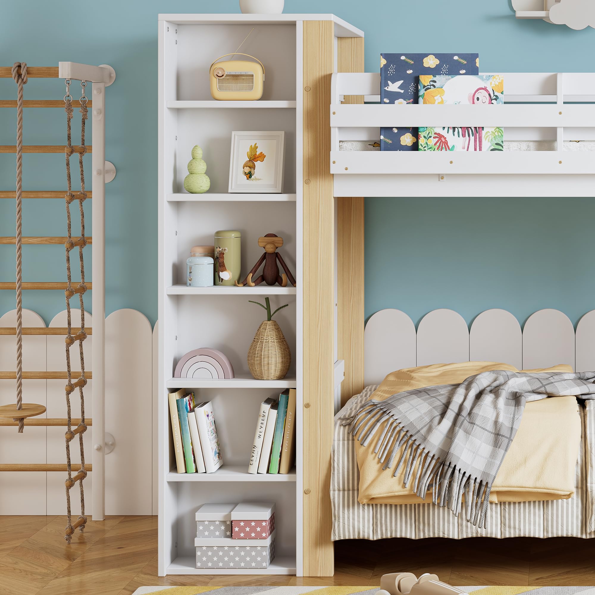Letto A Castello 90x200 Con Scala A 4 Gradini, Letto A Soppalco Con 6 Ripiani Aperti E Armadio Laterale, Struttura In Legno Bianco Naturale Per Camera Da Letto