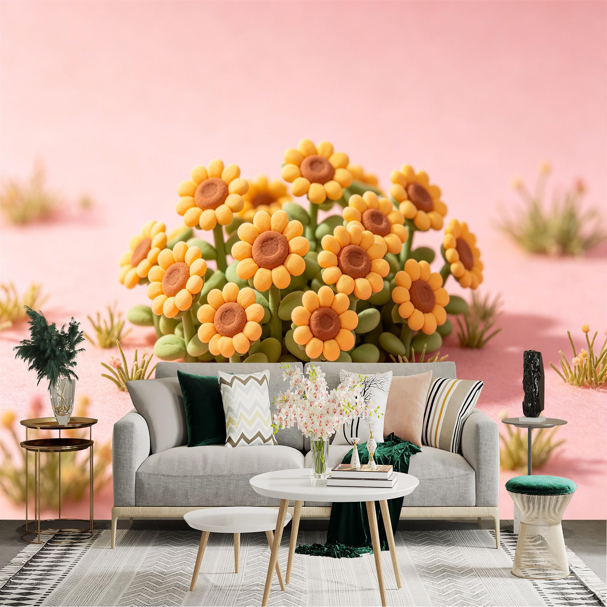 Lnzczhyre Dbh260521833 Custom Size Wall Sticker Mural， Clay Style Sunflowers， Cute Yellow Floral Arrangement， Soft Pastel Background， Decorative Botanical Art， For Wall Decoration， Peelandstick Wall Decals.