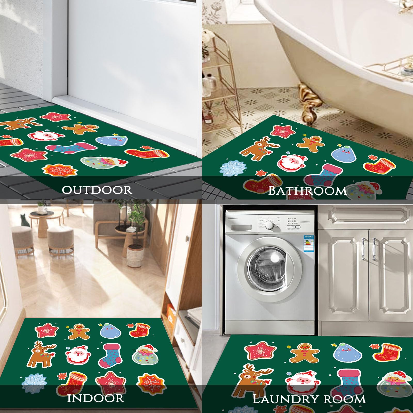Felpudo de Entrada Casa Papá Noel Renos Hombre Jengibre 90x150cm Alfombra Exterior para Puerta, Lavabl Alfombrilla Pegatinas Navideñas Antideslizante para Recibidor, Pasillo, Cocina - Verde Oscuro