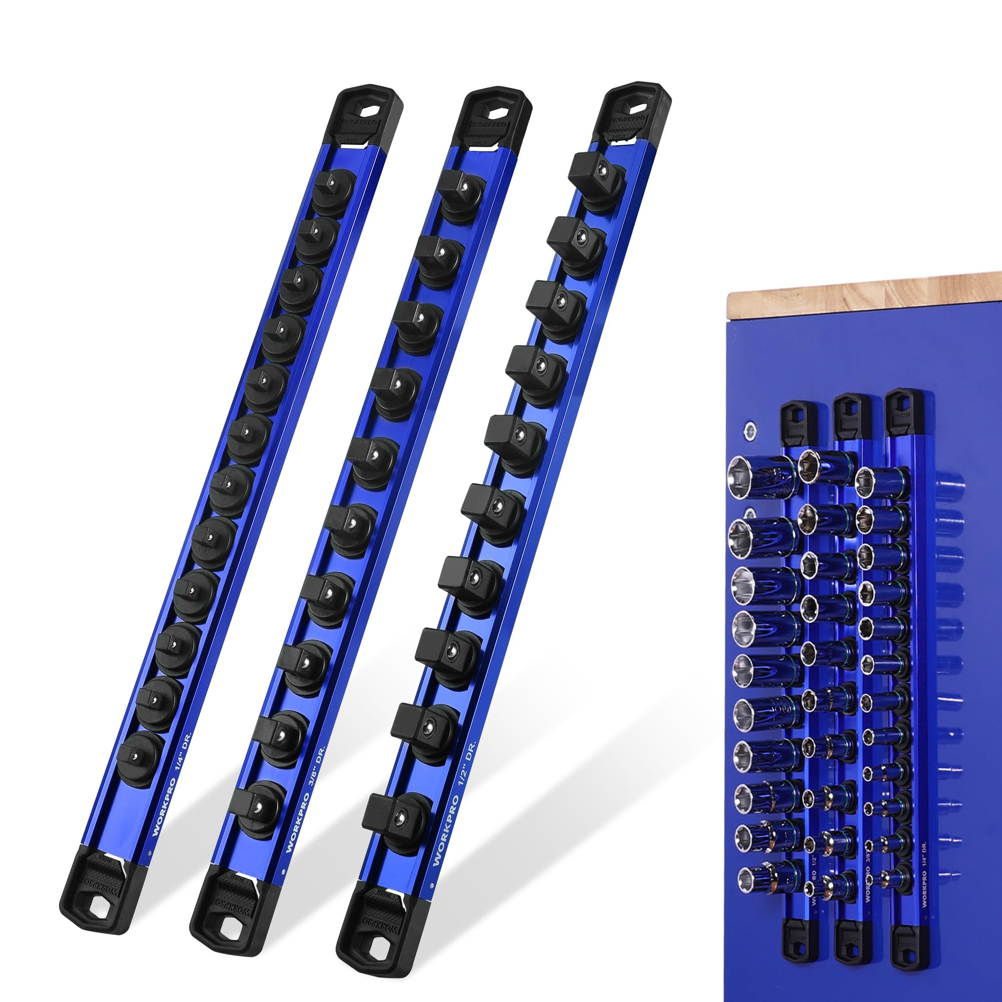 WORKPRO Magnetic Socket Organizer Set, 3-Piece 1/4" 3/8" 1/2" Socket Rails