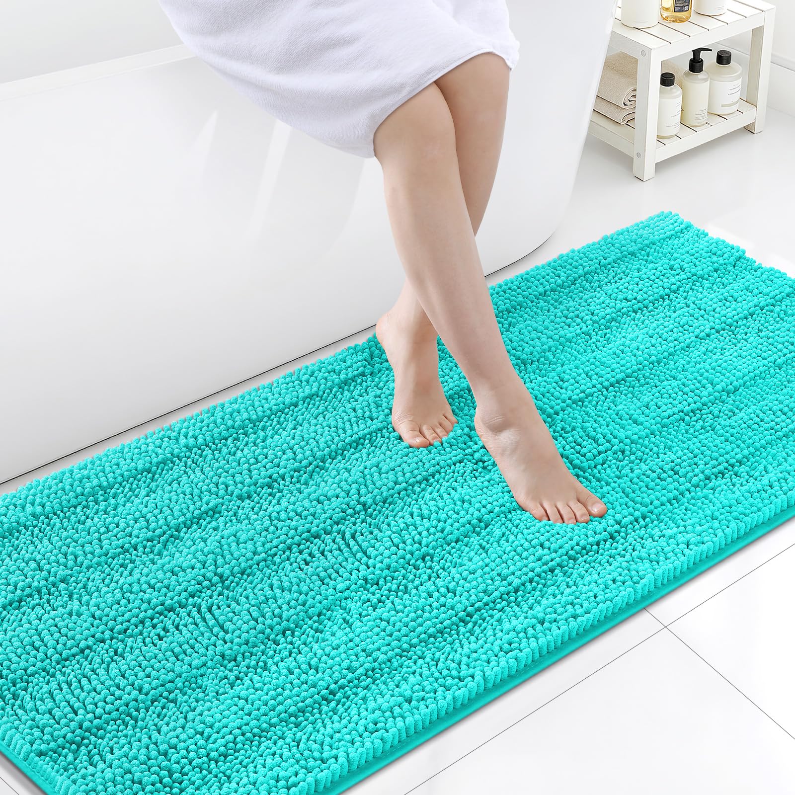 Grandaily Chenille Bathroom Rugs 59x24, Soft Absorbent Bath Mats, Turquoise