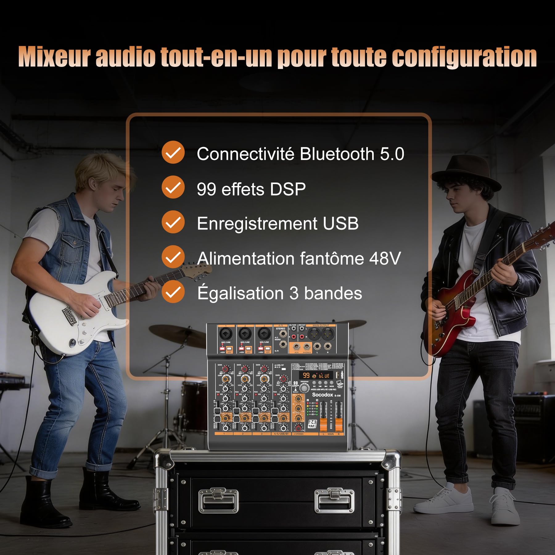Table de mixage audio 5 canaux avec Bluetooth et 99 effets DSP