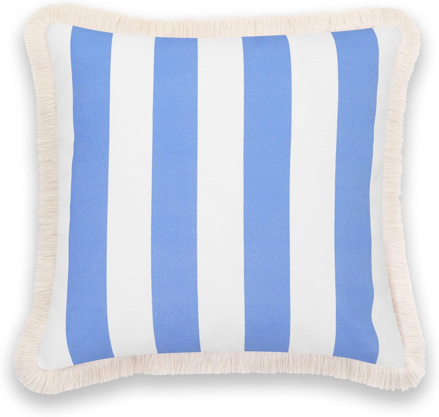 Hofdeco Premium Coastal Patio Indoor Outdoor Pillow Cover Only, 20"x20" Water Repellent for Backyard, Couch, Cornflower Blue Stripe Fringe