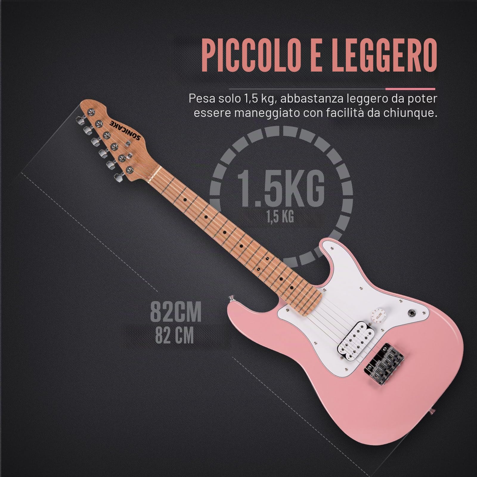 SONICAKE Chitarra Elettrica 30" per Principianti, Corpo in Legno Massello con Pickup Humbucker, Manico e Tastiera in Legno di Un Pezzo QGT-50 (Rosa)