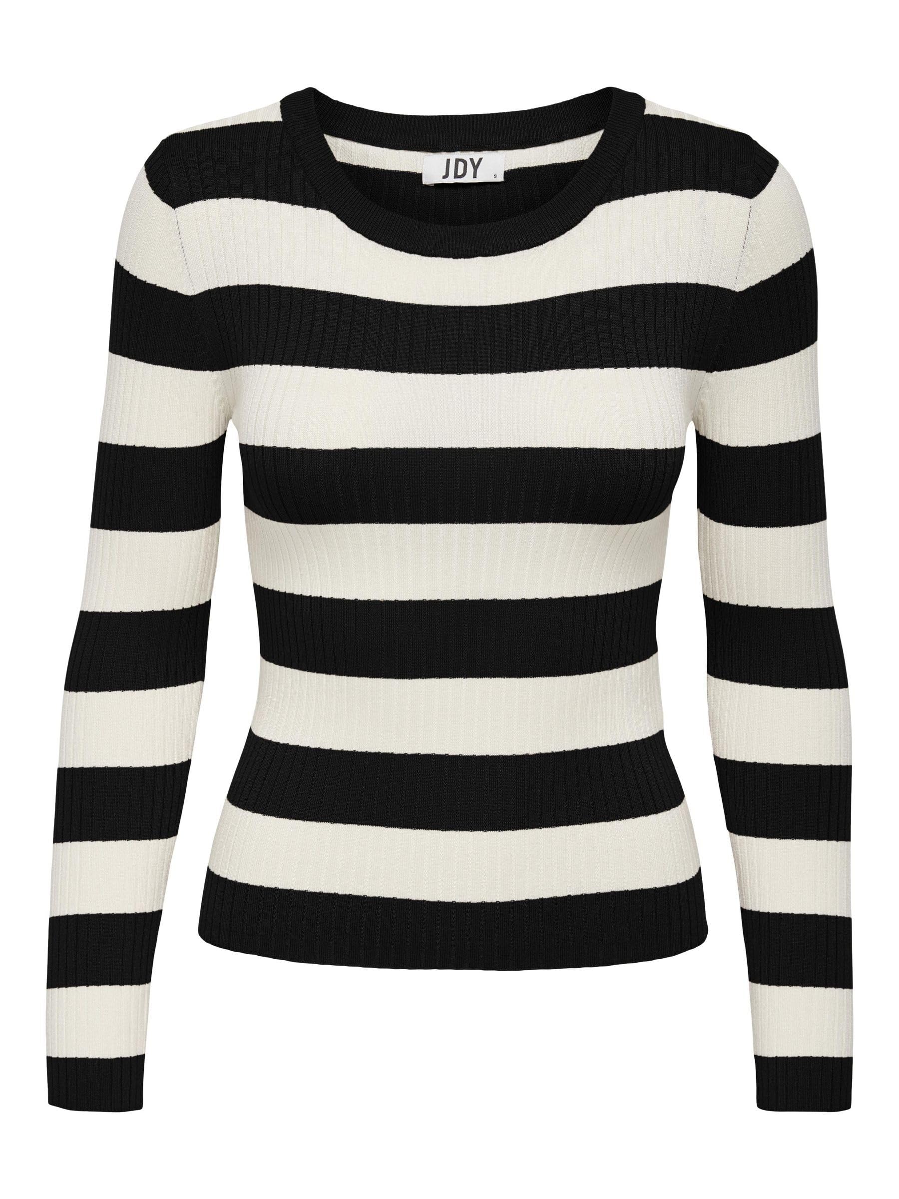 JdY Plum L/S O-Neck Stripe Pull. KNT NOOS, Black/Stripes:w Eggnog Stripes, L