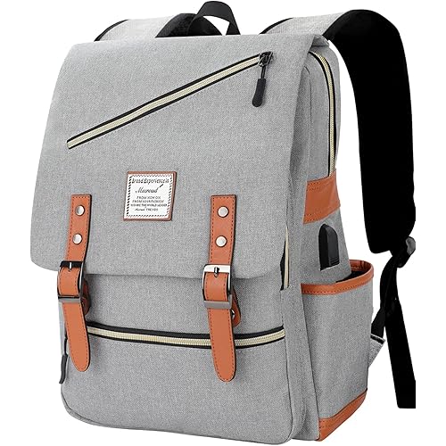 Mecrowd Vintage Laptop Backpack with USB Charging Port, Backpack for College Fits up to 15.6 Inch Laptop Computer Backpack Casual Rucksack for Men Women (Gray)