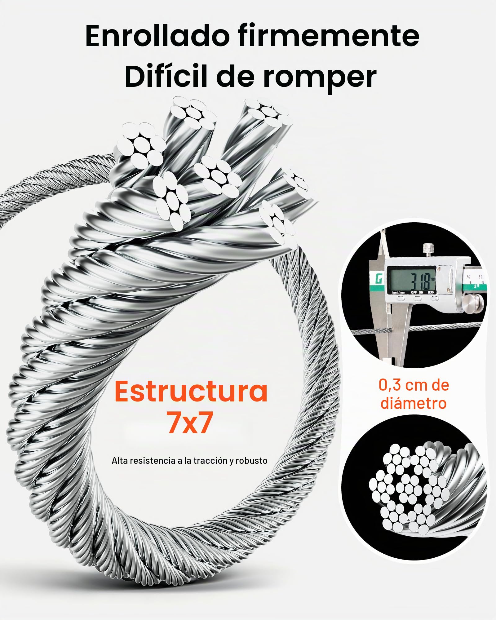 VEVOR Kit de Cables de Alambre de 3,18mm Alambre de Acero Inoxidable 316 de 305m con Cortador y Guantes, Resistencia a la Rotura de 7,1 kN, 7 x 7 Hebras, Cables de Grado de Aeronáutico para Pasamanos