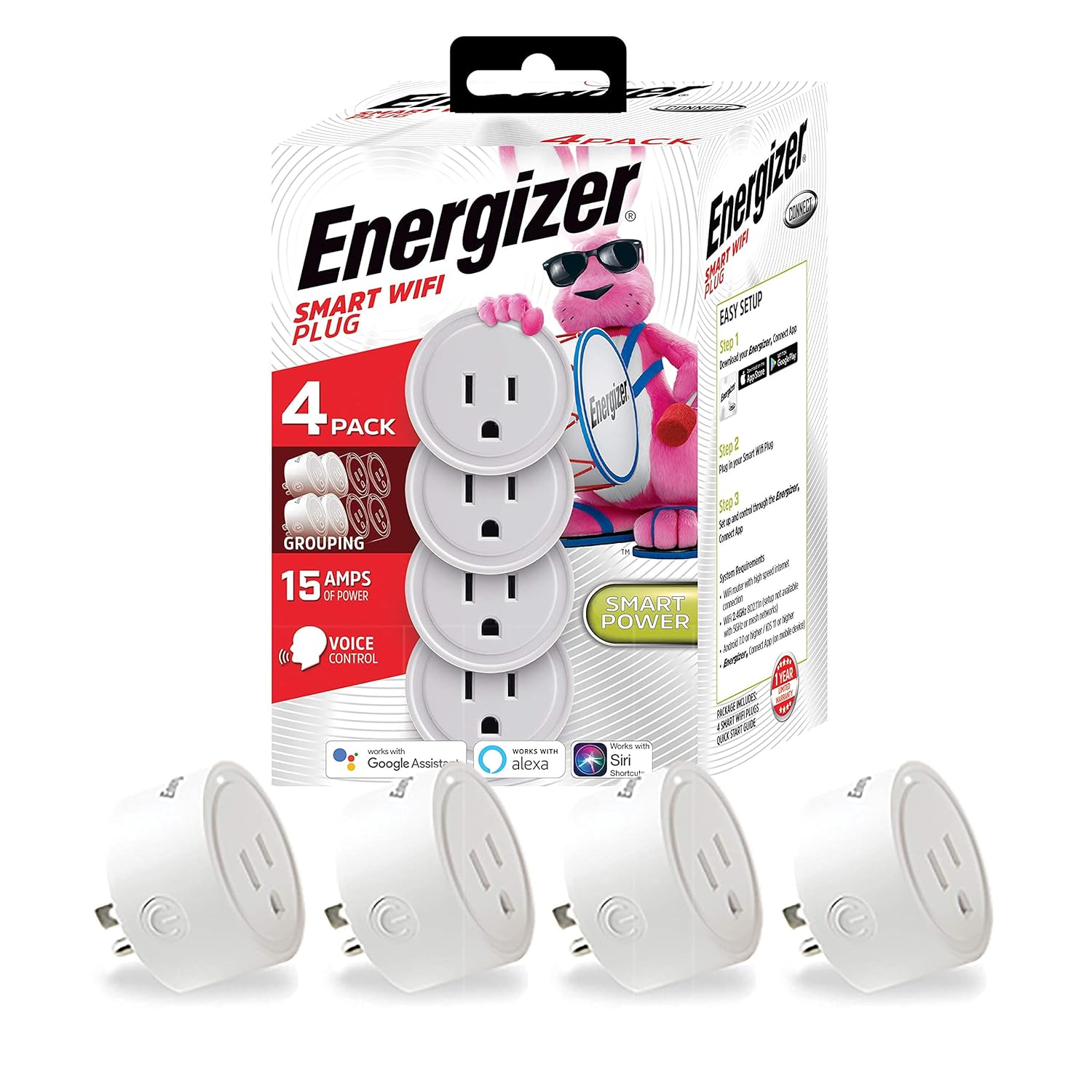 Energizer Connect Smart WiFi Plug 4 Pack Mobile Connect App Enabled Voice Controlled Alexa Echo Siri Hey Google
