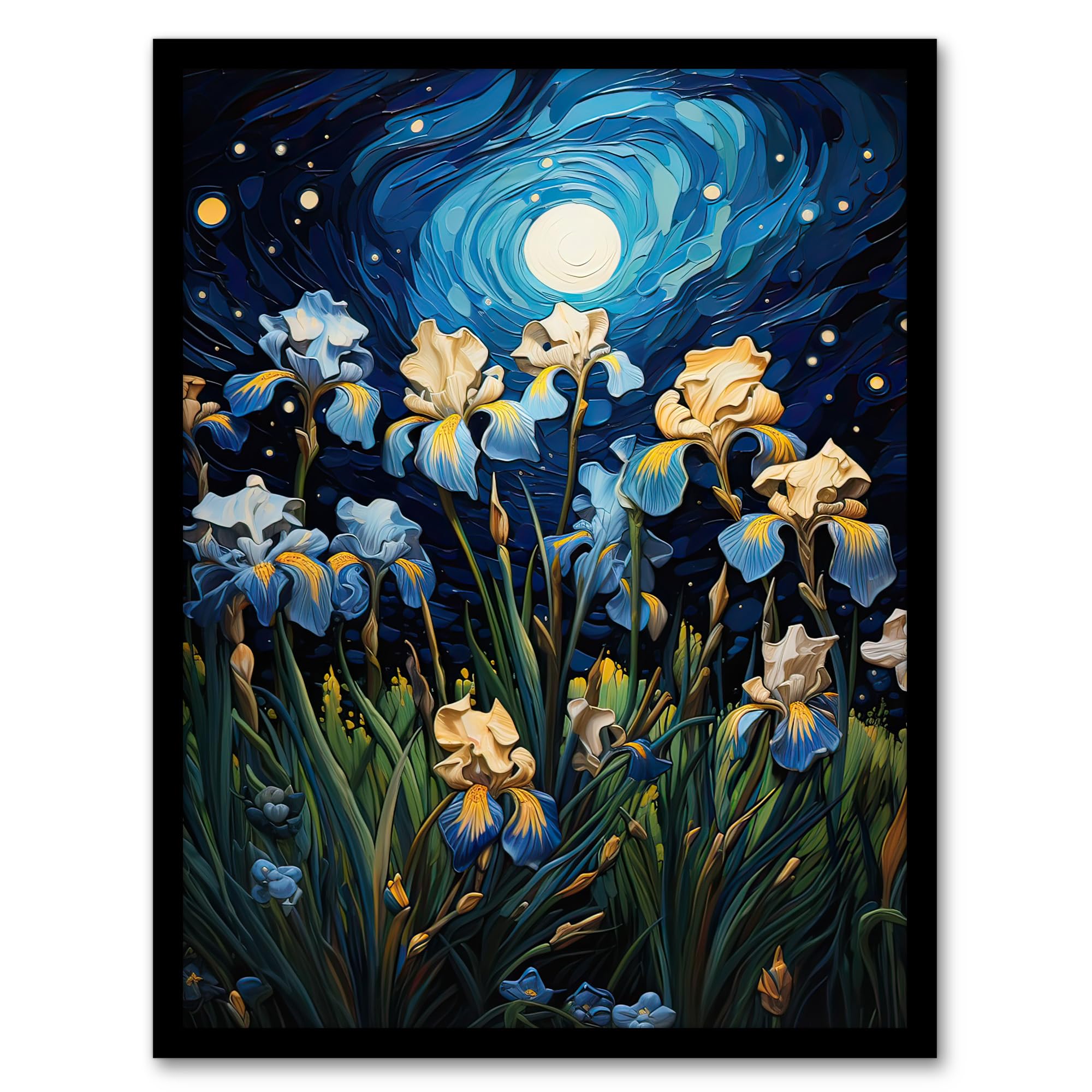 Artery8 Ethereal Iris Flower Meadow Blooms Moonlight Artwork Framed Wall Art Print A4