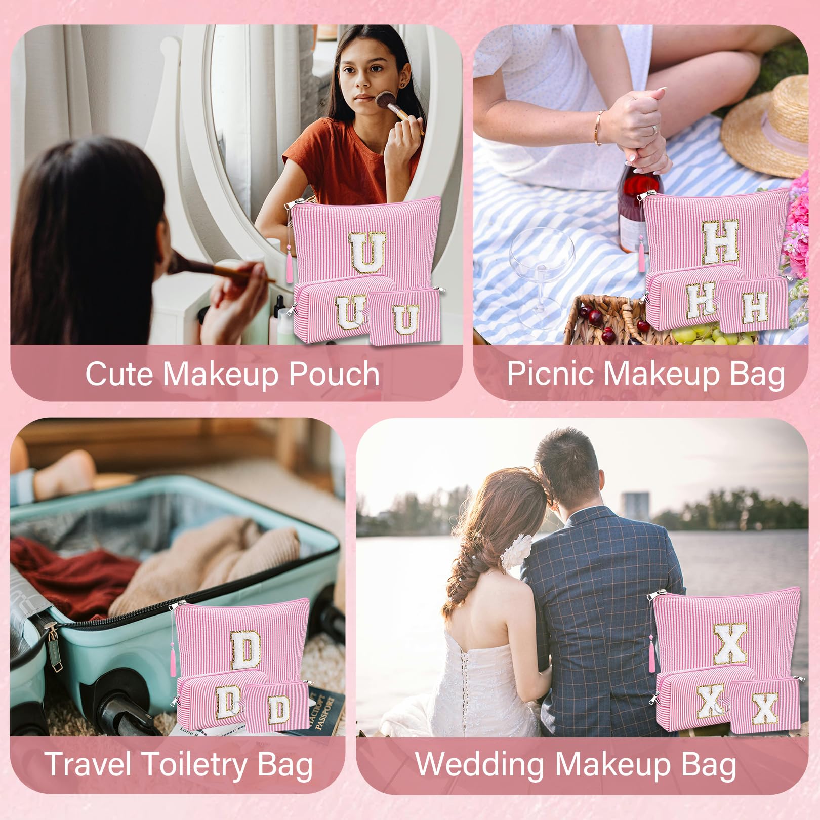 Kosmetiktasche mit Initiale, personalisierbar, Make-up-Tasche, Reise-Kulturbeutel für Mutter, Freundin, Ehefrau, Lehrer, Geburtstagsgeschenk für Frauen, Hautpflege für Mädchen, Pink, Größe S