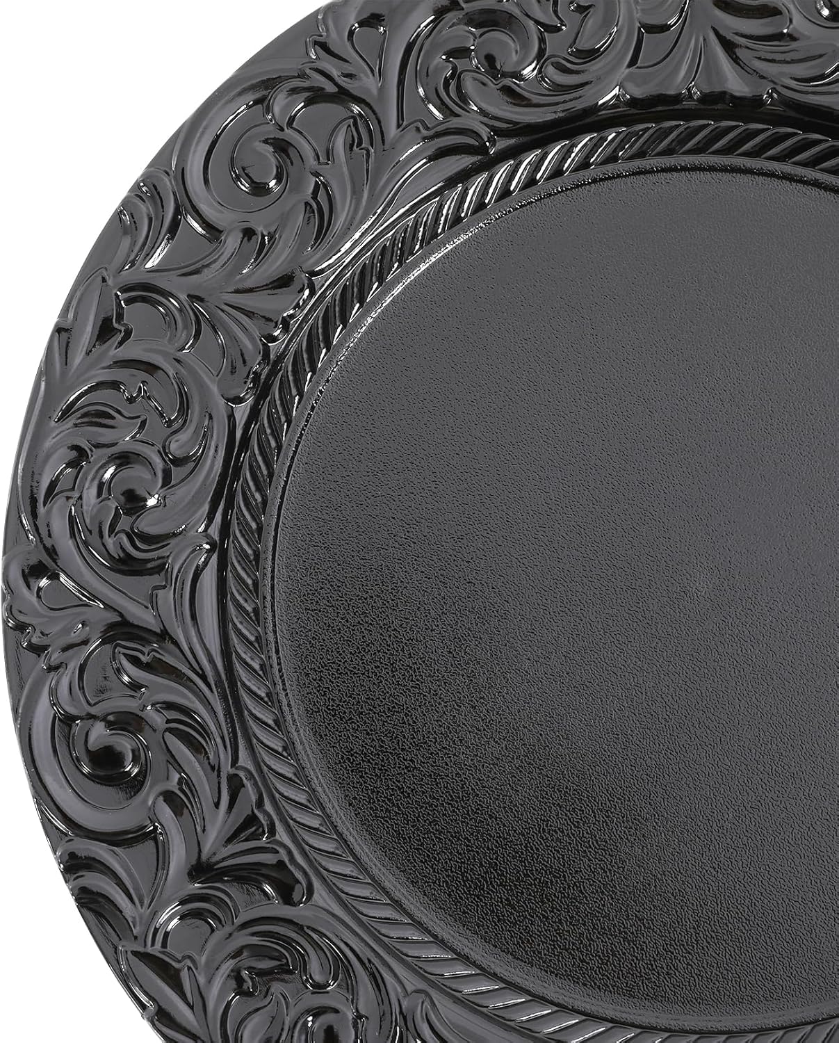TFCFL 50 Pcs Antique Charger Plates Bulk, 13'' Plastic Embossed Dinner Plate Chargers Round Floral Plates for Wedding Decorative Chargers for Wedding Party Event Table Decoration (50, Black)