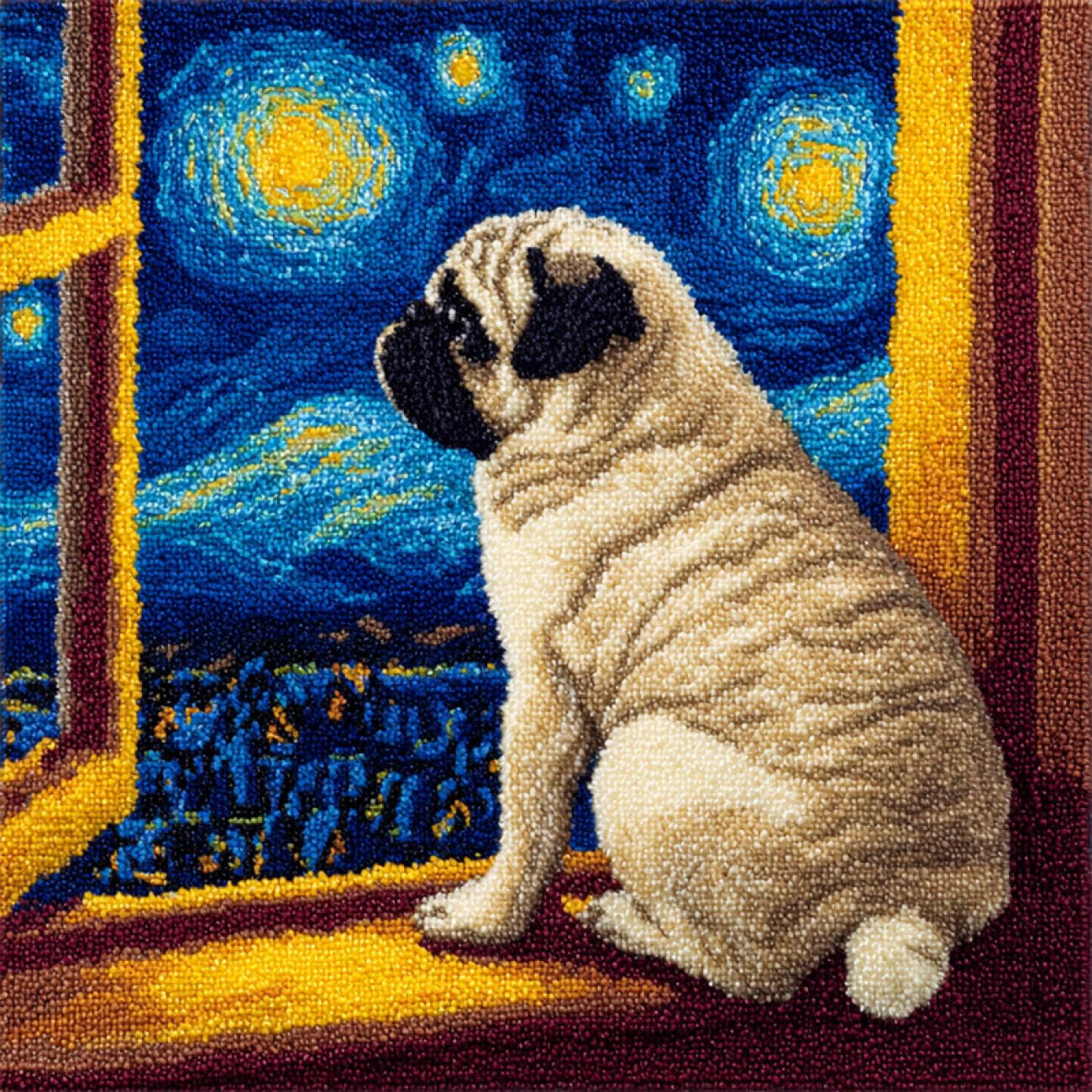 AMBATTERY DIY Latch Hook Pillow Kit Pugs and Scenerylatch Hook Kit for Adults Children DIY Crochet Pillow Set Pre-Printed Pillowcase Embroidery Rug Kits 17x17in