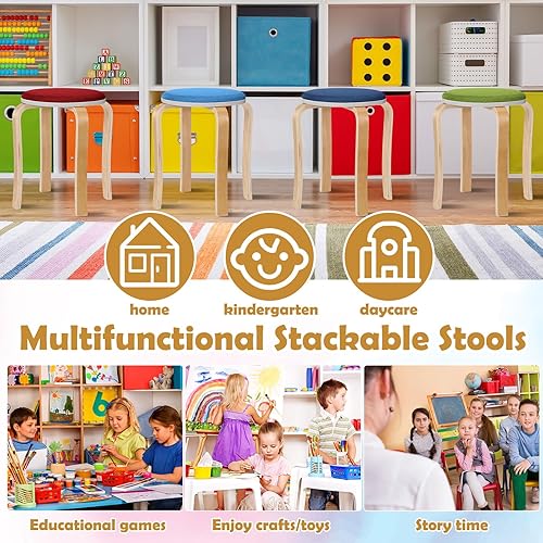 Miniatura 5 de 12 taburetes apilables de madera curvada de 16.5 pulgadas, taburetes redondos de madera a granel con asiento acolchado, sillas de asiento superior