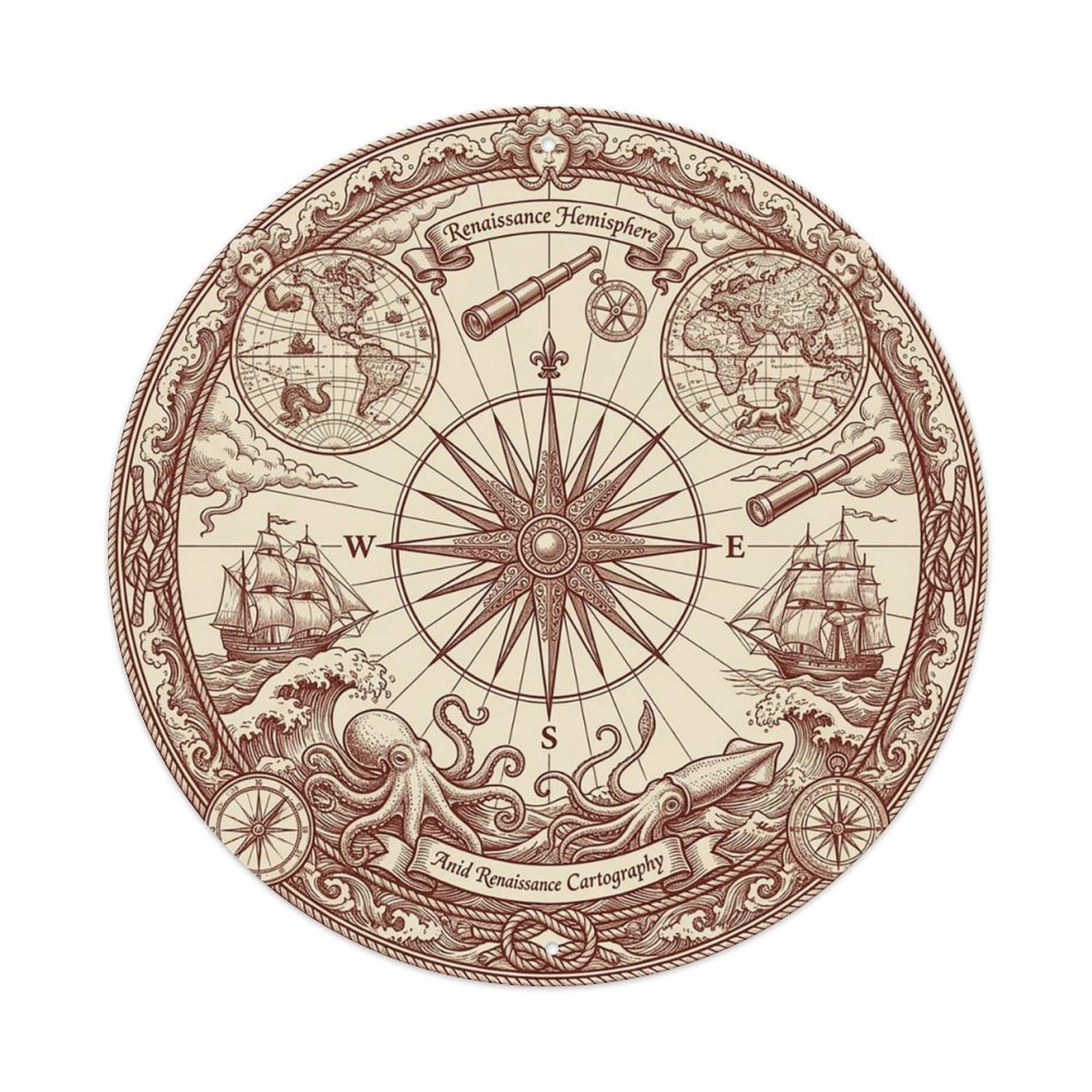 Vintage Nautical Compass World Map Discovery Route Metal Tin Sign